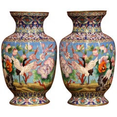 Vintage Pair of Mid-20th Century Chinese Cloisonné Vases with Bird and Floral Decor