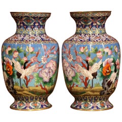 Retro Pair of Mid-20th Century Chinese Cloisonné Vases with Bird and Floral Decor