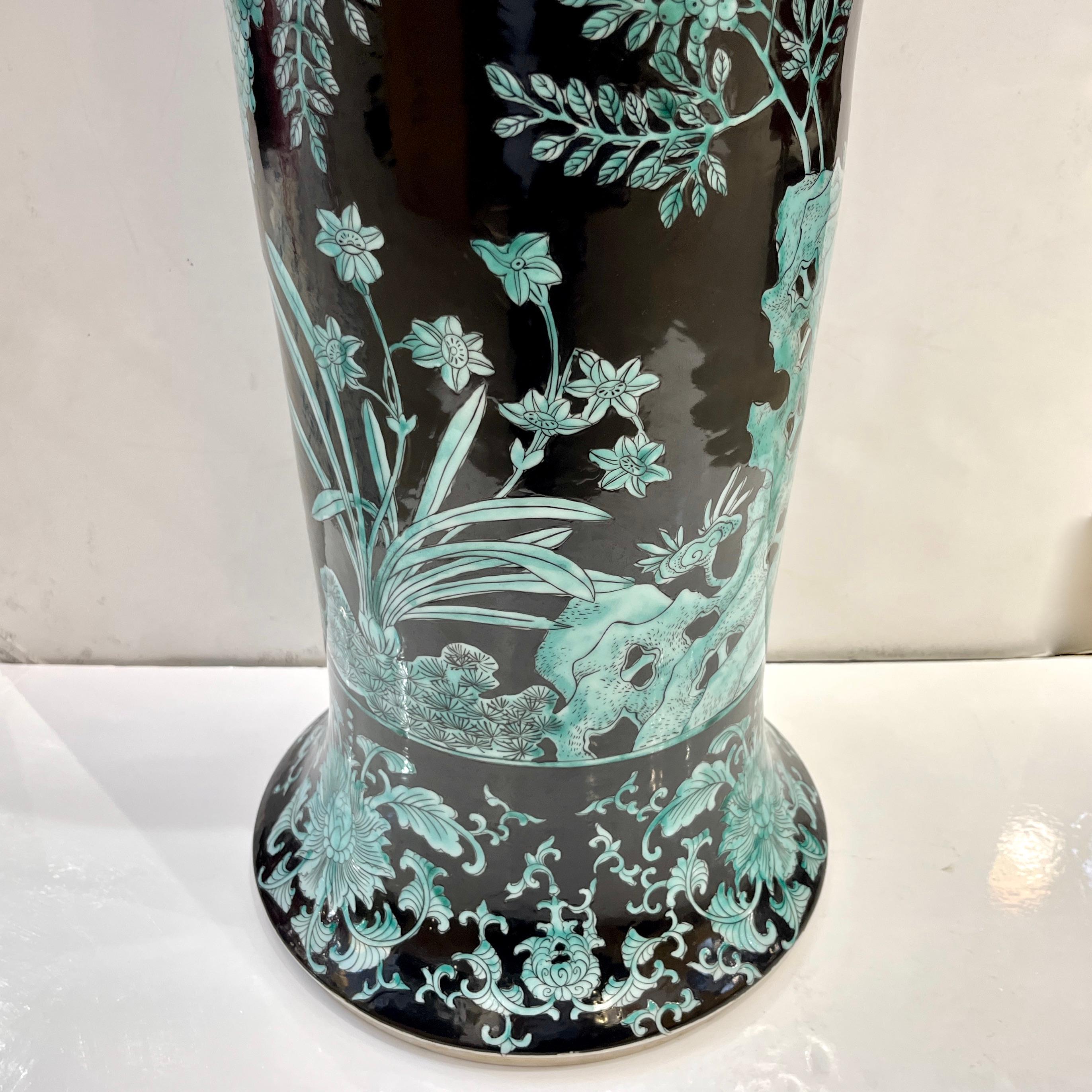 Pair Mid-20th Century Chinese Export Jet Black Green Porcelain Tall Roll Vases For Sale 4