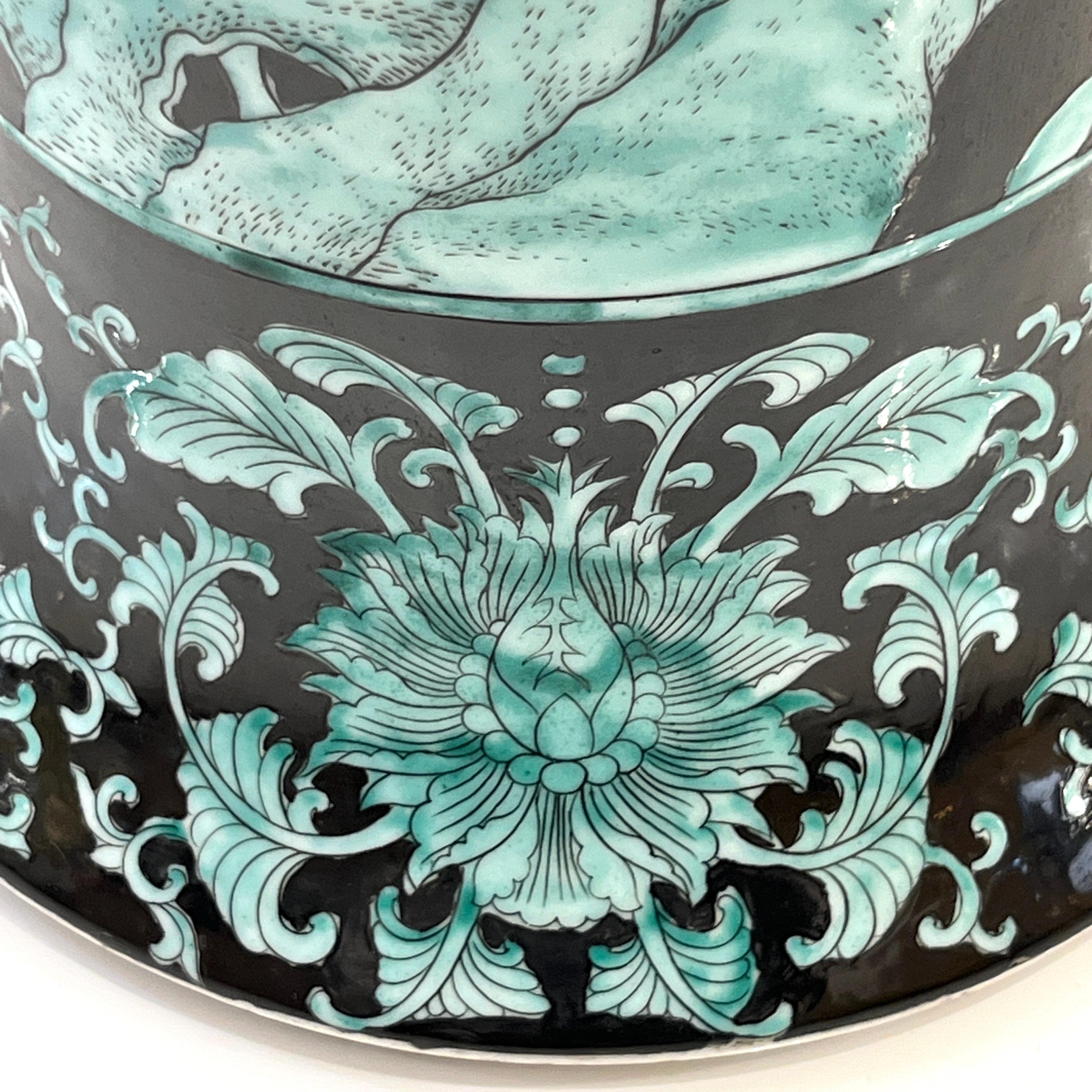 Pair Mid-20th Century Chinese Export Jet Black Green Porcelain Tall Roll Vases For Sale 5