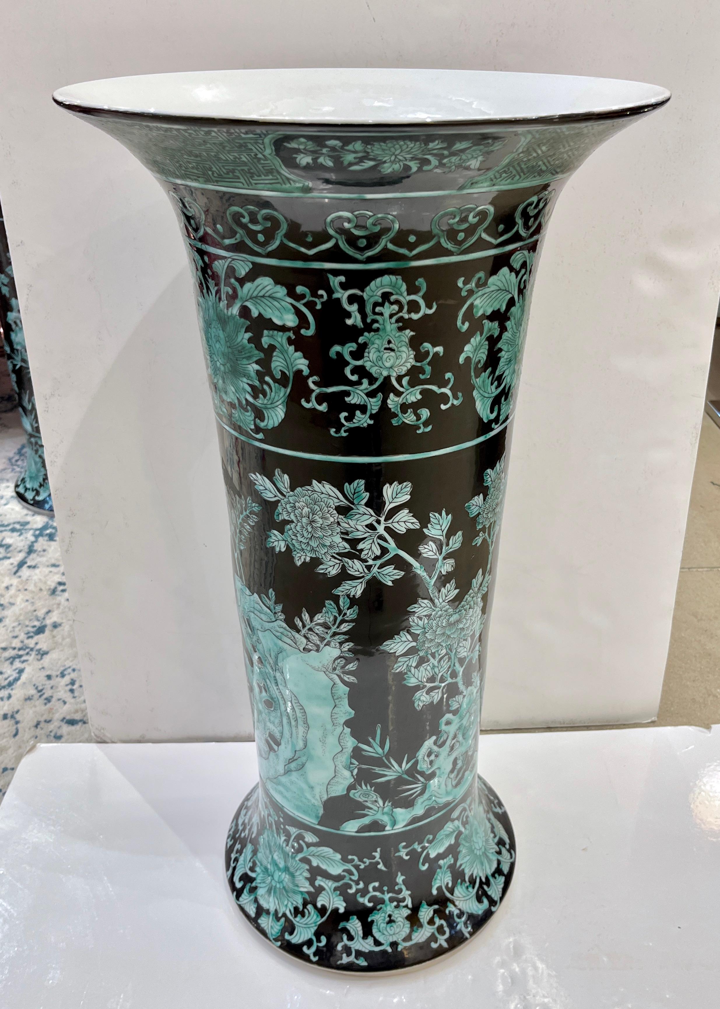Pair Mid-20th Century Chinese Export Jet Black Green Porcelain Tall Roll Vases For Sale 7