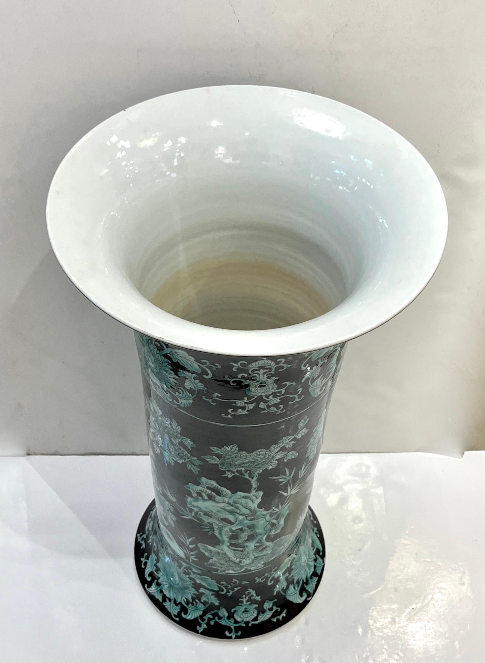 Pair Mid-20th Century Chinese Export Jet Black Green Porcelain Tall Roll Vases For Sale 9