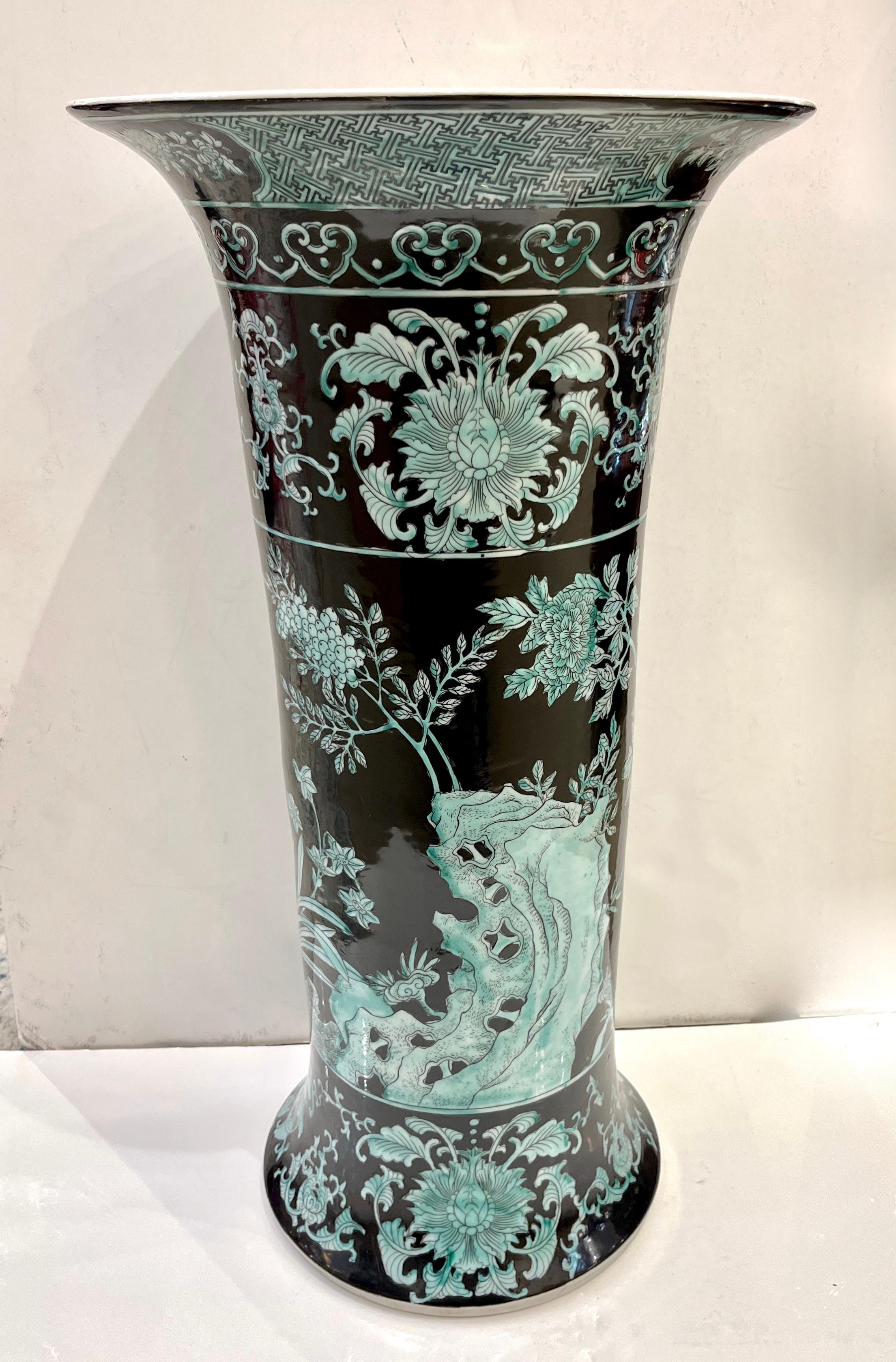 Pair Mid-20th Century Chinese Export Jet Black Green Porcelain Tall Roll Vases For Sale 10
