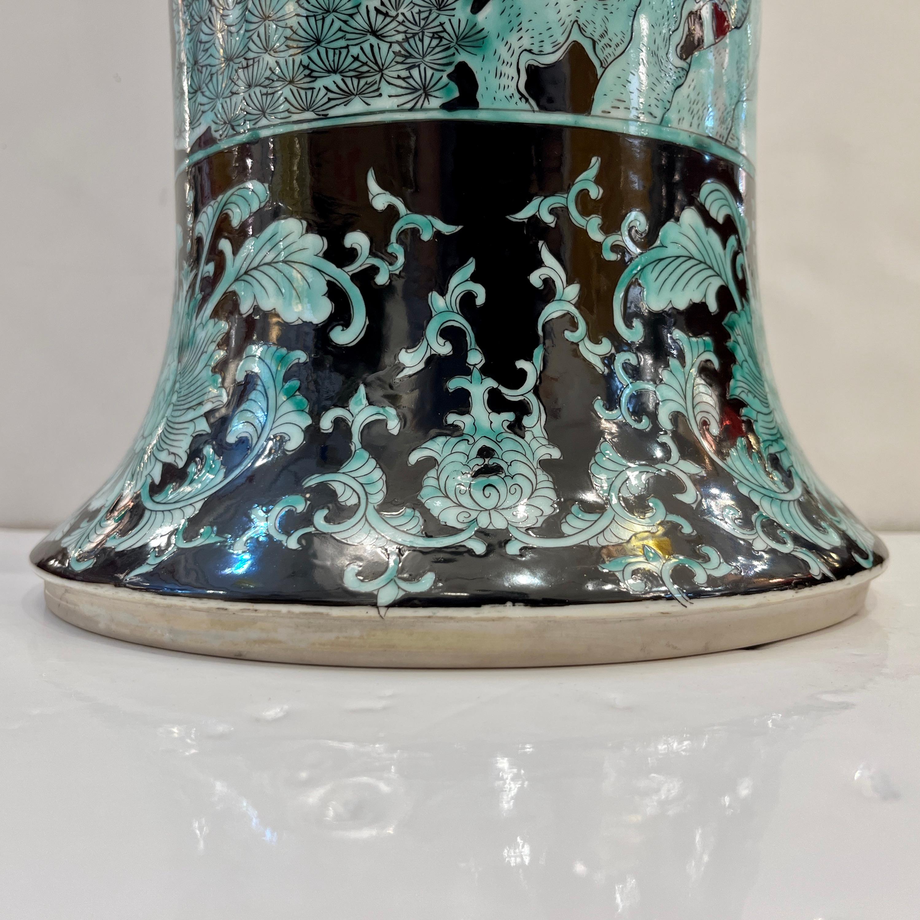 Pair Mid-20th Century Chinese Export Jet Black Green Porcelain Tall Roll Vases In Excellent Condition For Sale In New York, NY