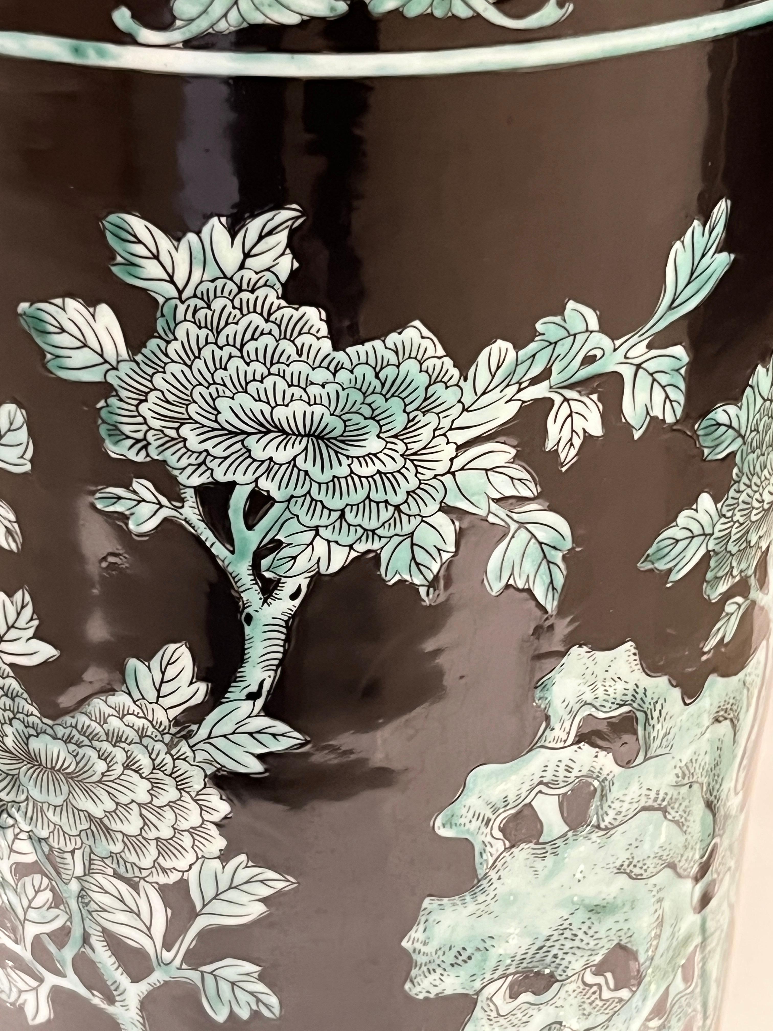 Late 20th Century Pair Mid-20th Century Chinese Export Jet Black Green Porcelain Tall Roll Vases For Sale