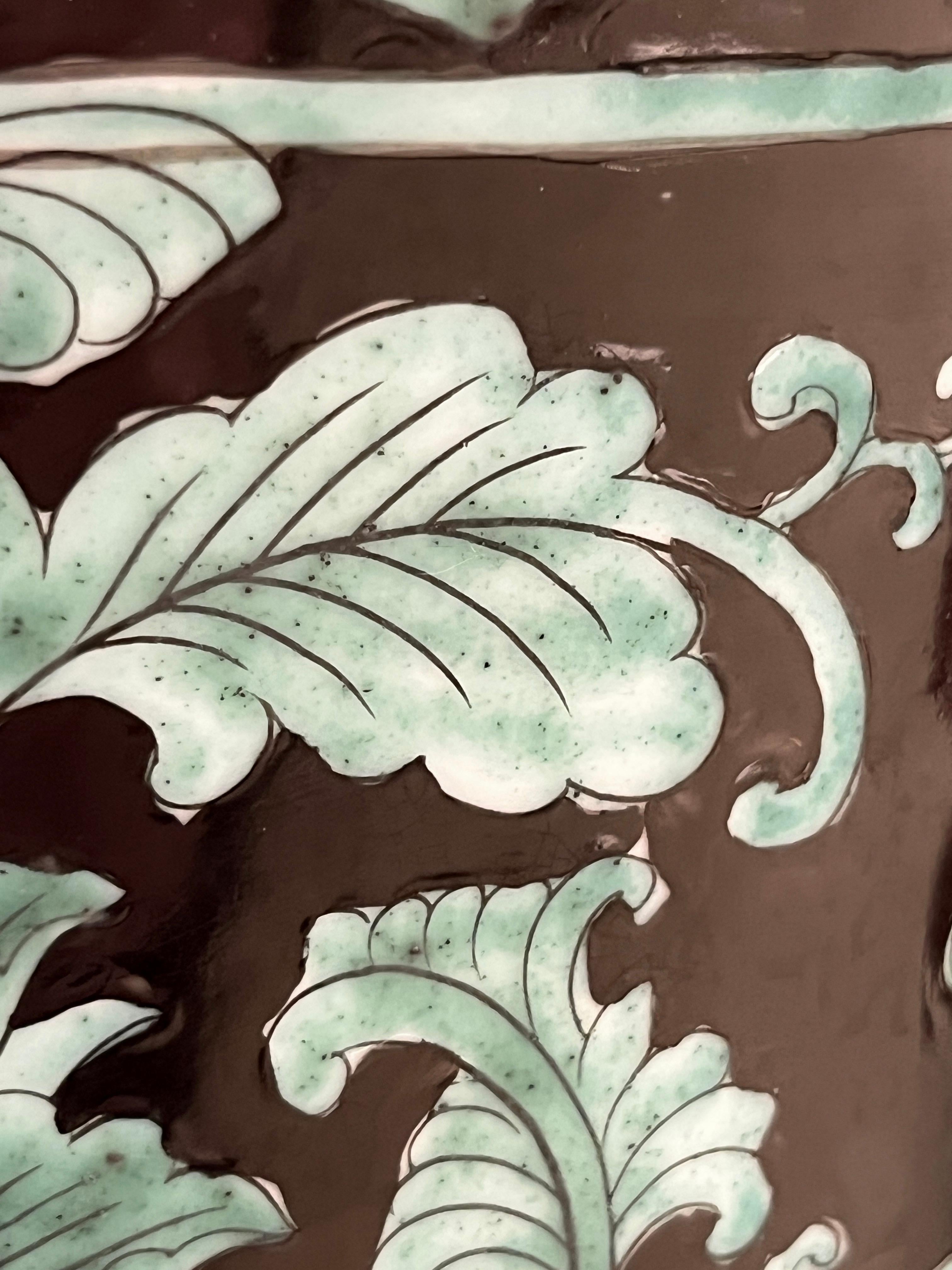 Pair Mid-20th Century Chinese Export Jet Black Green Porcelain Tall Roll Vases For Sale 3