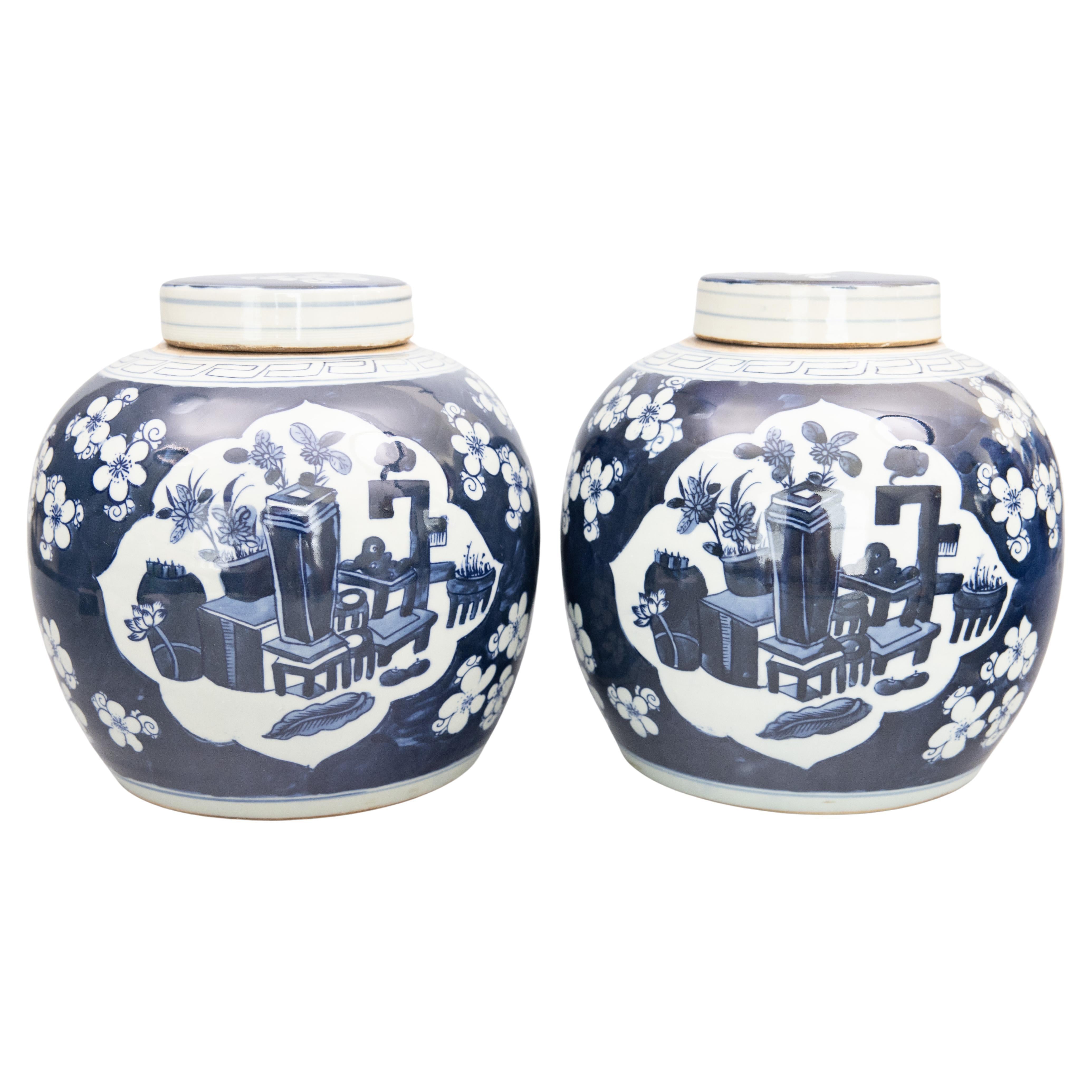 Pair of Mid 20th Century Chinese Lidded Ginger Jars Vases For Sale
