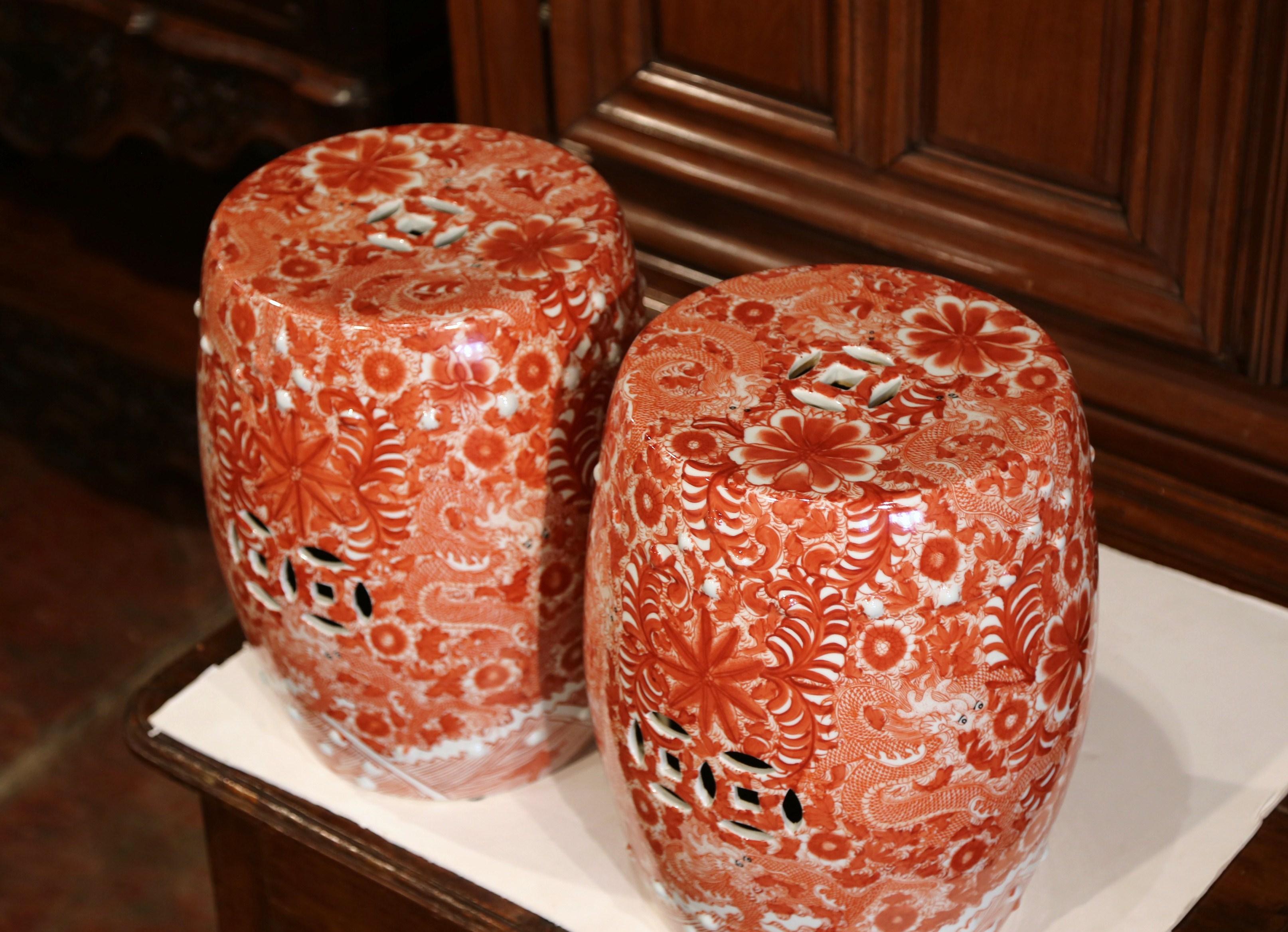 Hand-Crafted Pair of Mid-20th Century Chinese Porcelain Garden Stools with Dragon Motif