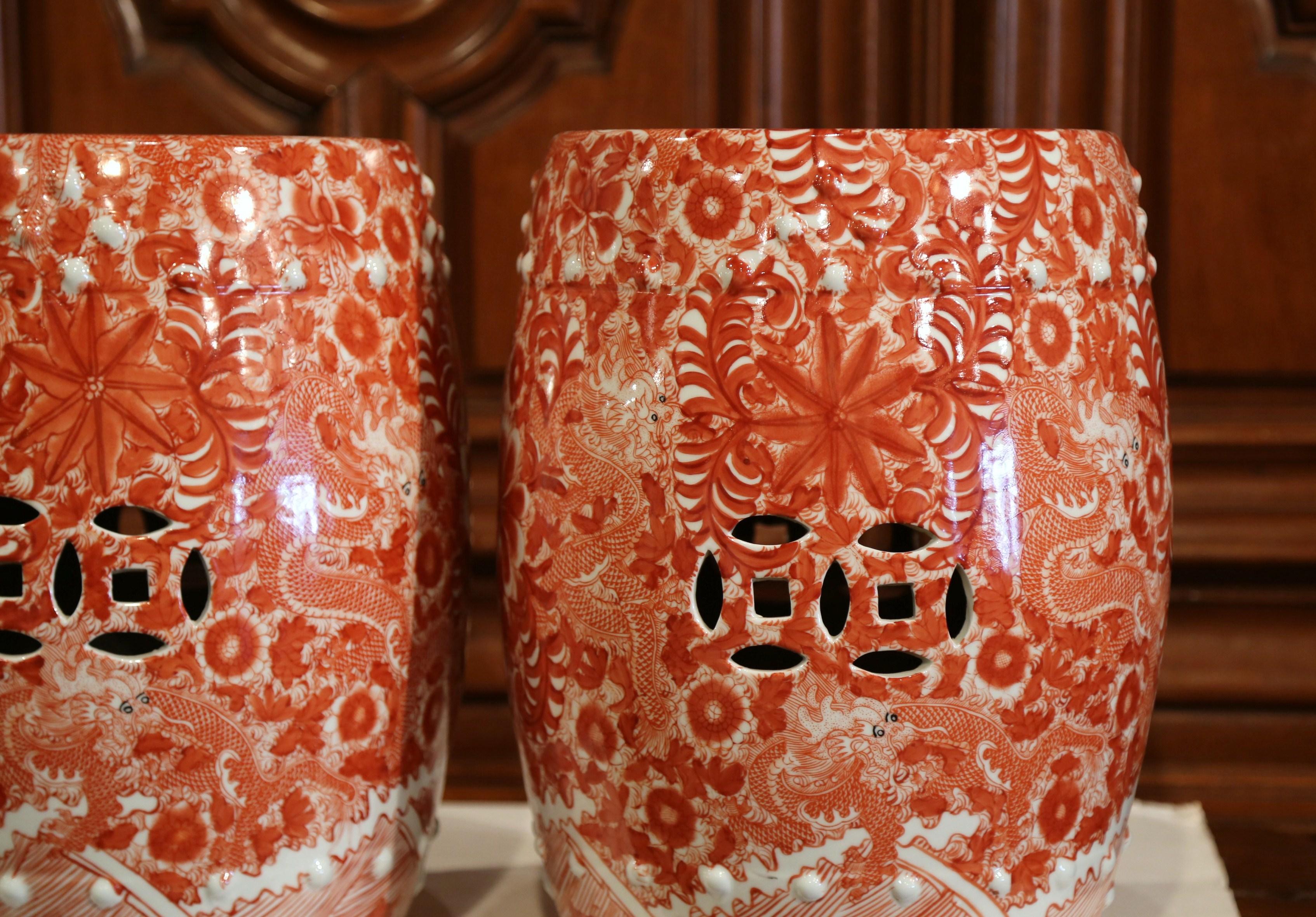 Ceramic Pair of Mid-20th Century Chinese Porcelain Garden Stools with Dragon Motif