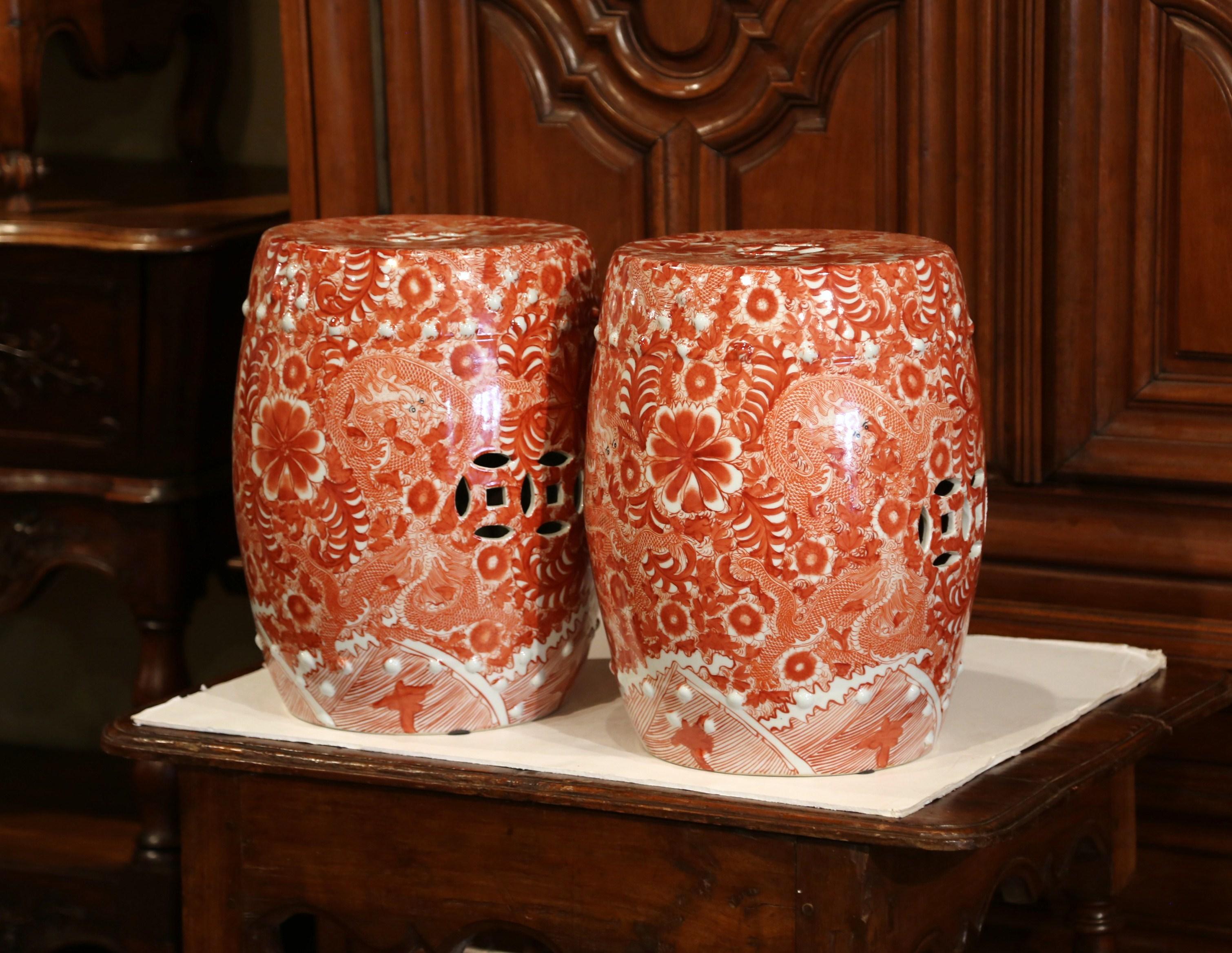 Pair of Mid-20th Century Chinese Porcelain Garden Stools with Dragon Motif 1