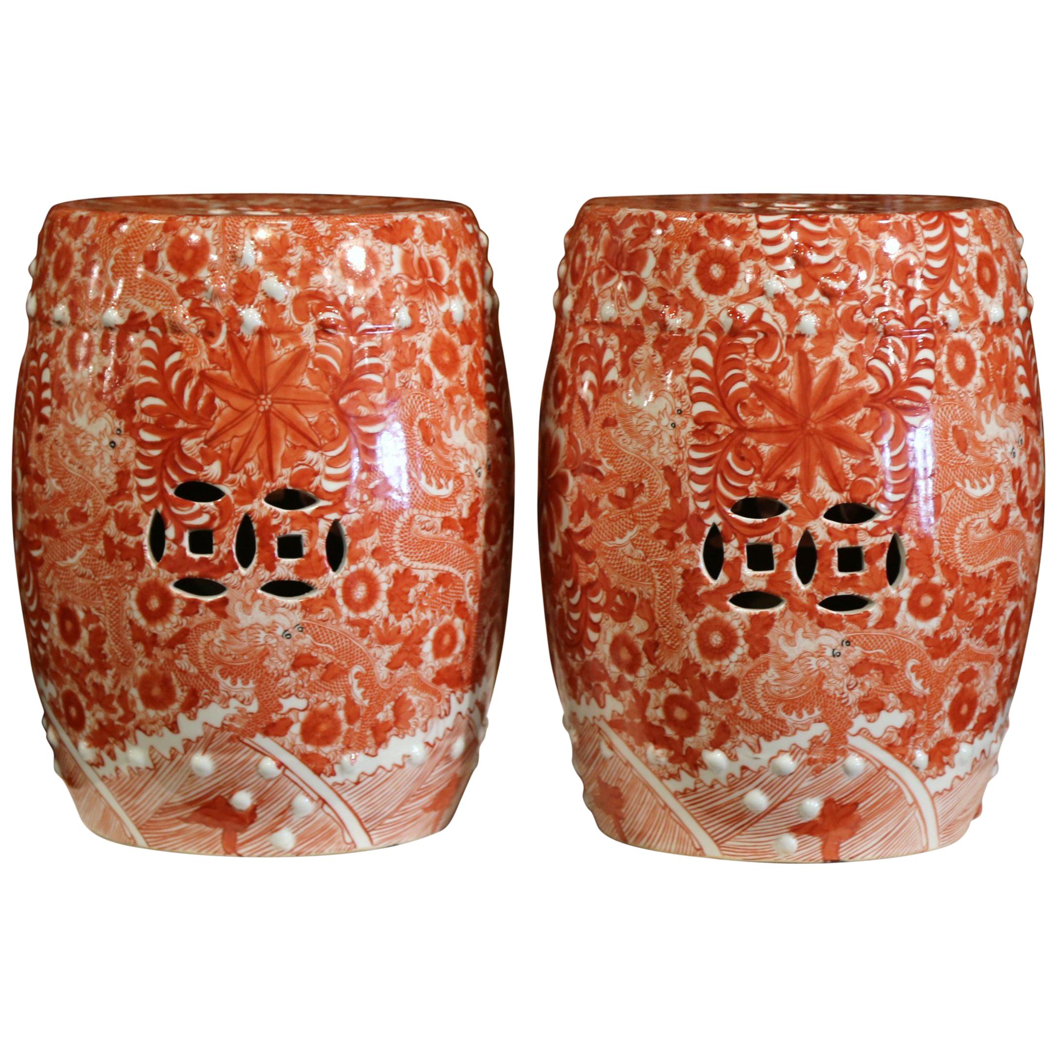 Pair of Mid-20th Century Chinese Porcelain Garden Stools with Dragon Motif