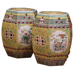 Pair of Mid-20th Century Chinese Porcelain Garden Stools with Floral and Foliage