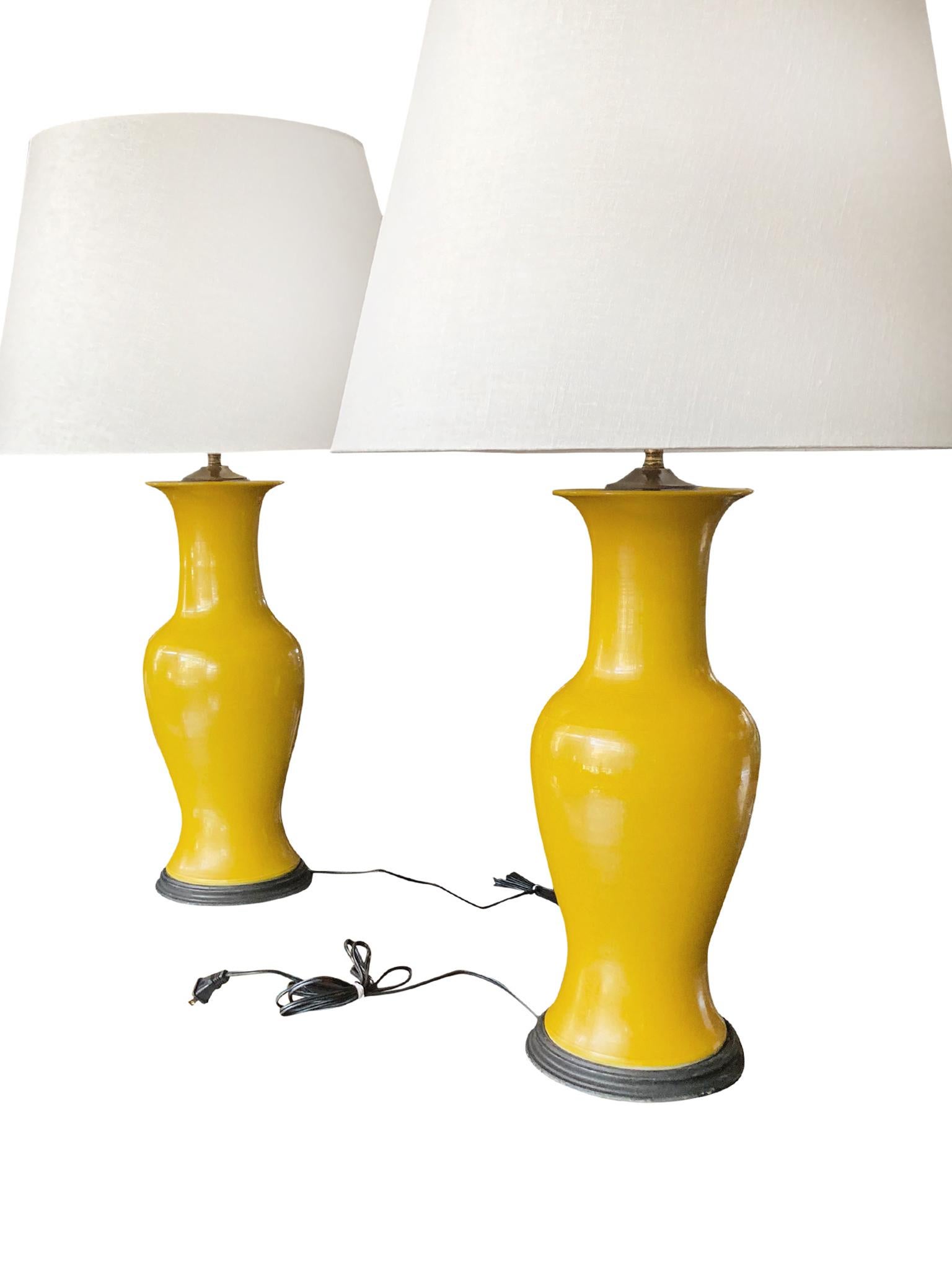 Glazed Pair of Mid-20th Century Chinese Yellow Vase Lamps