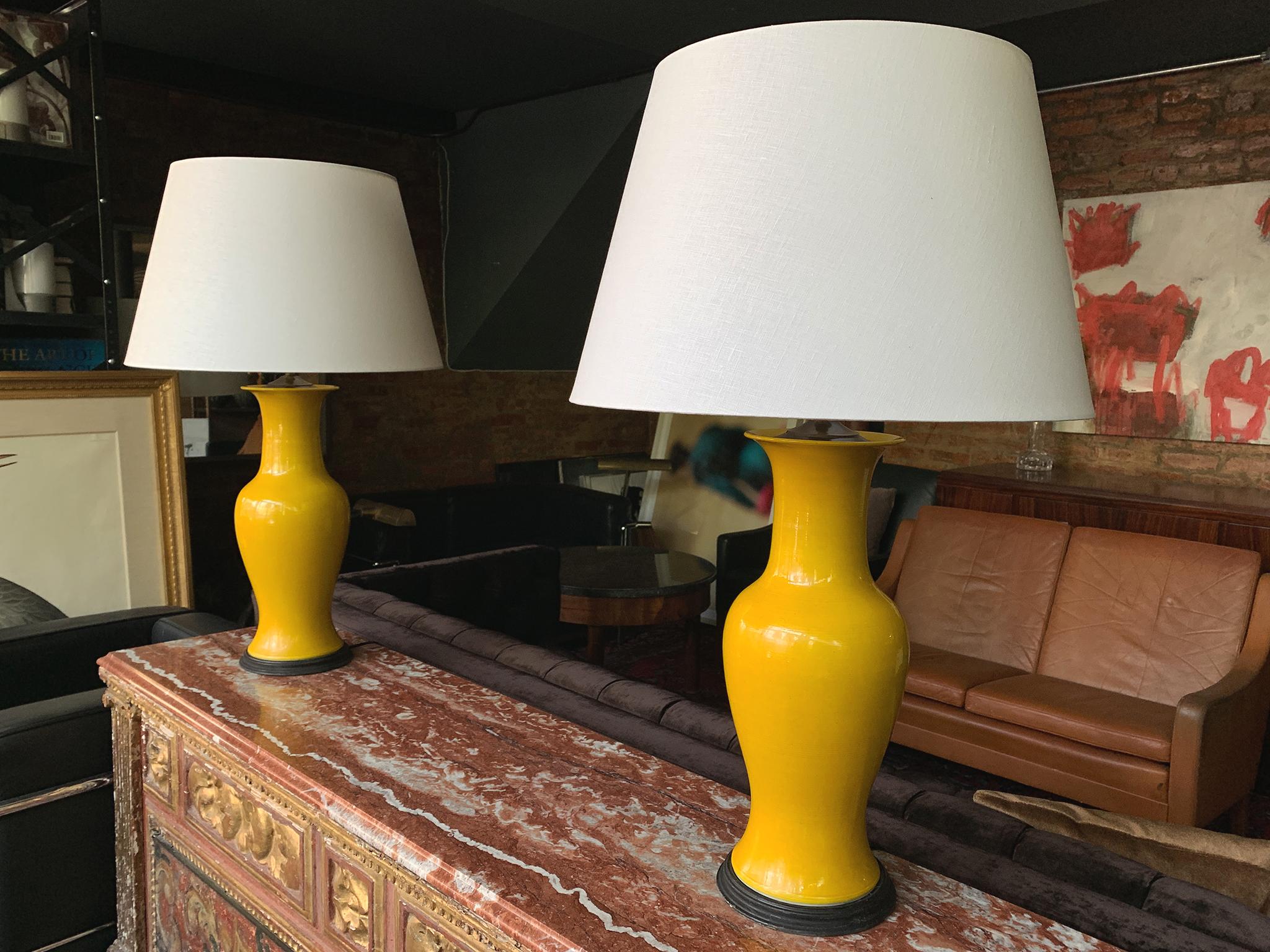 Ceramic Pair of Mid-20th Century Chinese Yellow Vase Lamps