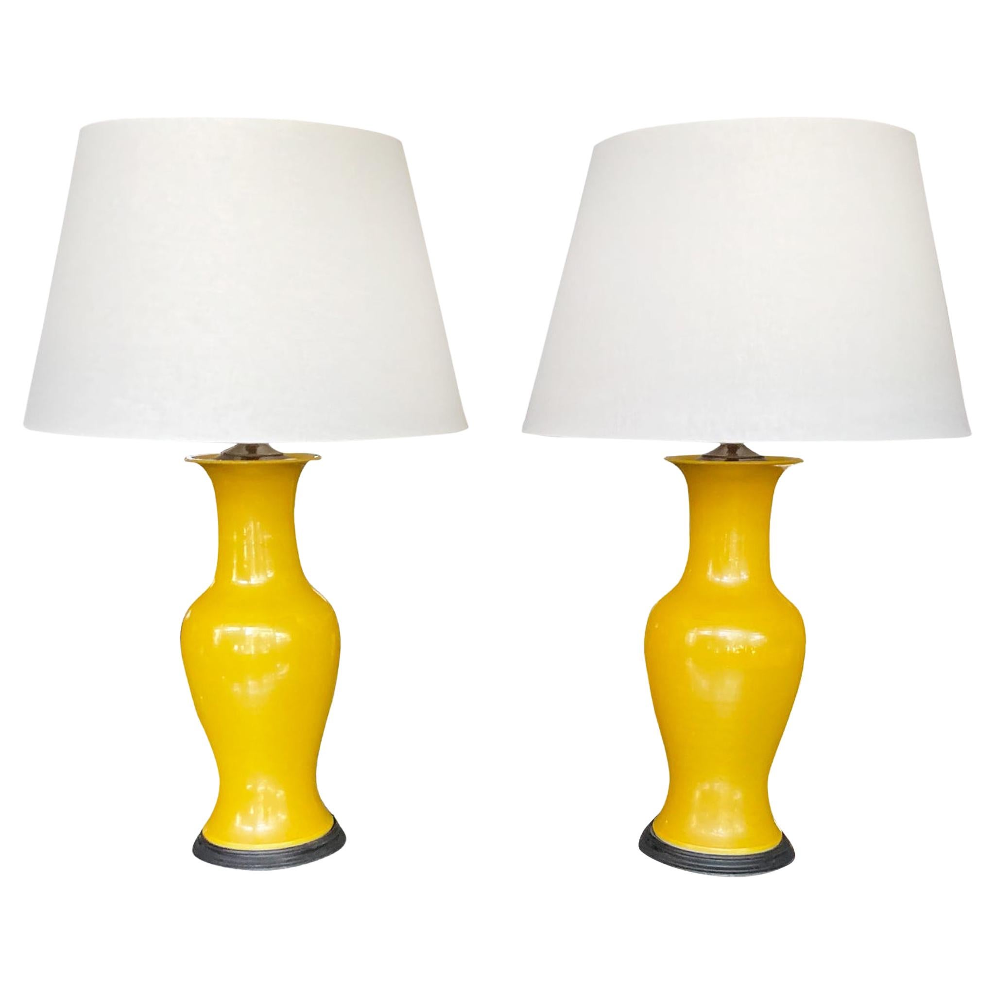 Pair of Mid-20th Century Chinese Yellow Vase Lamps
