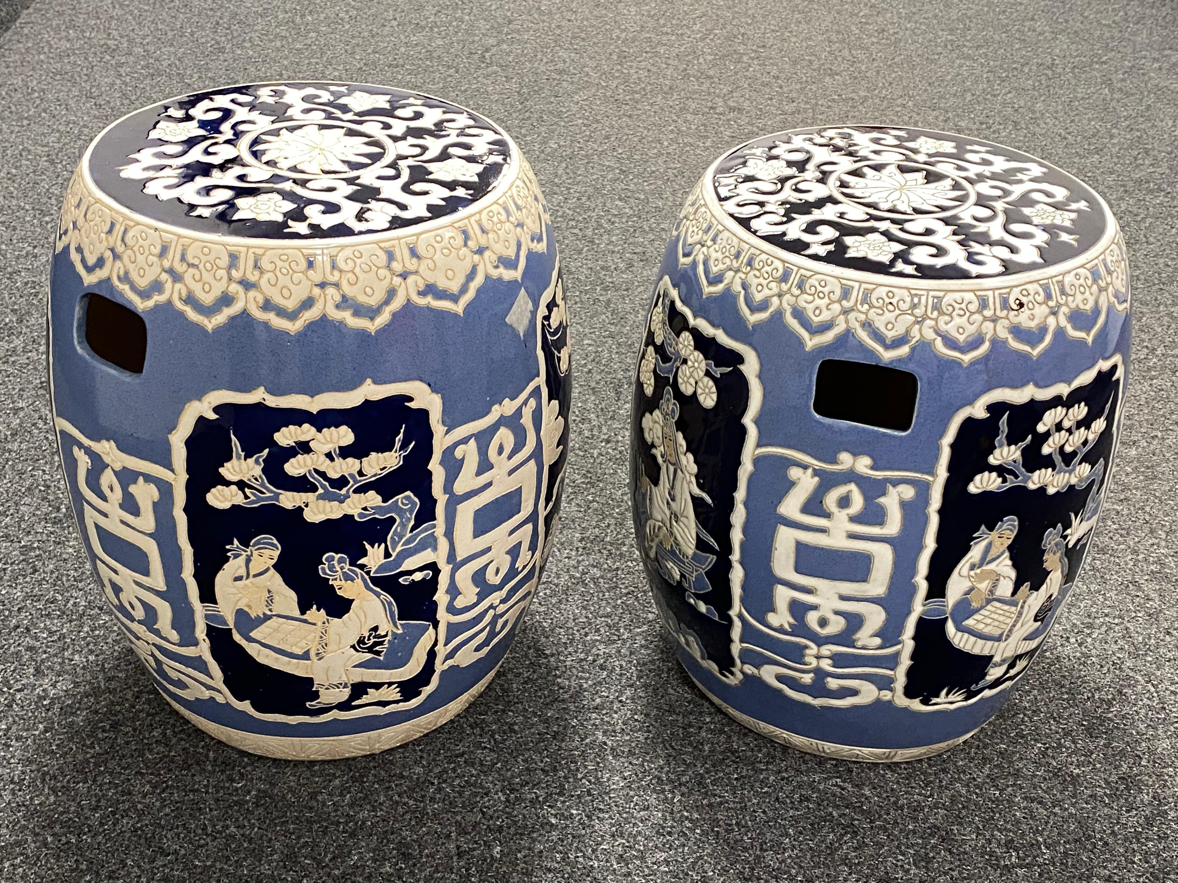 Pair of Mid-20th Century Chinoiserie Blue and White Garden Stool Flower Pot Seat 4