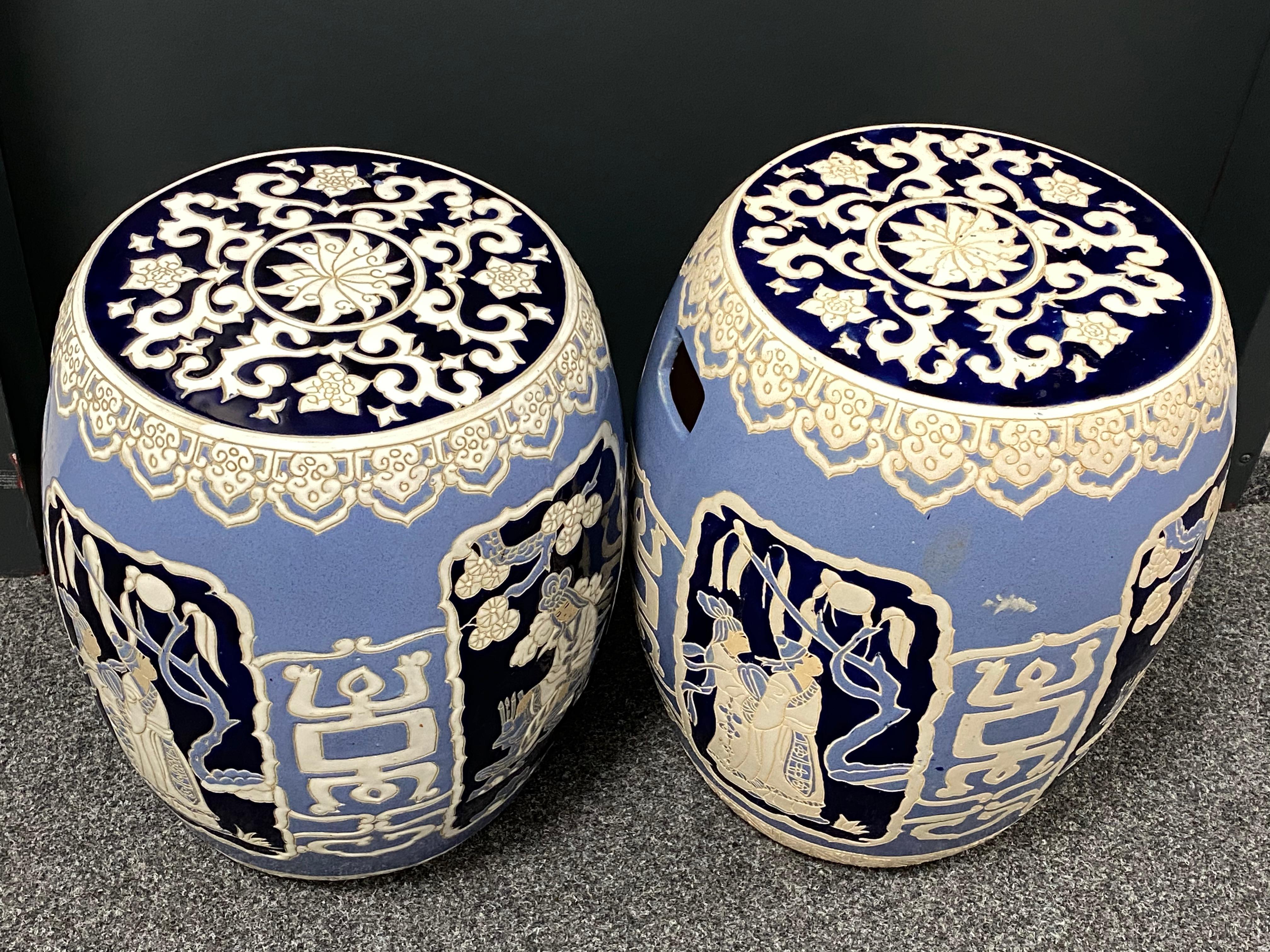 Ceramic Pair of Mid-20th Century Chinoiserie Blue and White Garden Stool Flower Pot Seat