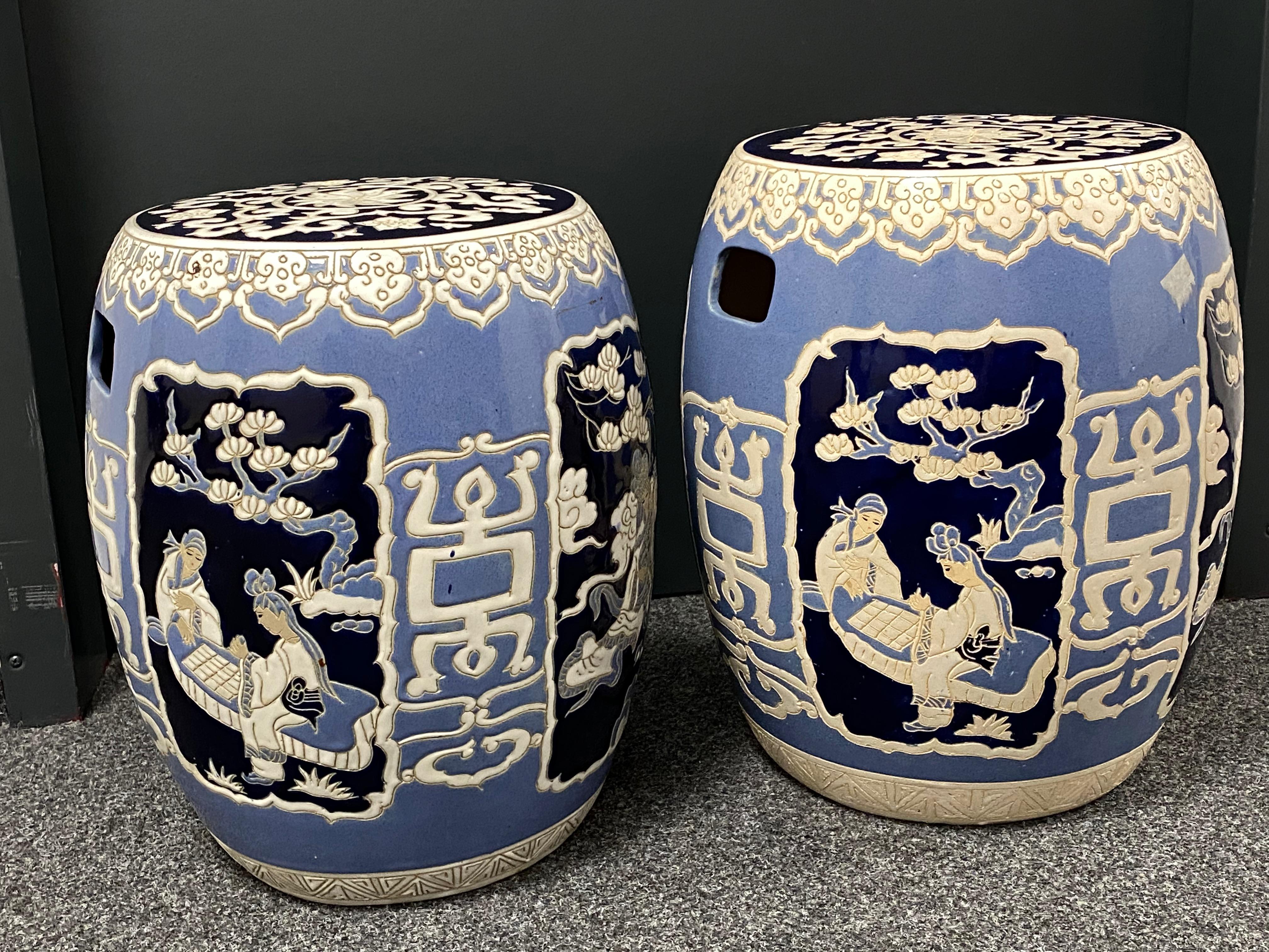 Pair of Mid-20th Century Chinoiserie Blue and White Garden Stool Flower Pot Seat 1