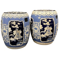 Vintage Pair of Mid-20th Century Chinoiserie Blue and White Garden Stool Flower Pot Seat