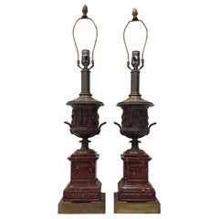 Pair of Mid-20th Century Classical Roman Bronze Urns and Marble Table Lamps