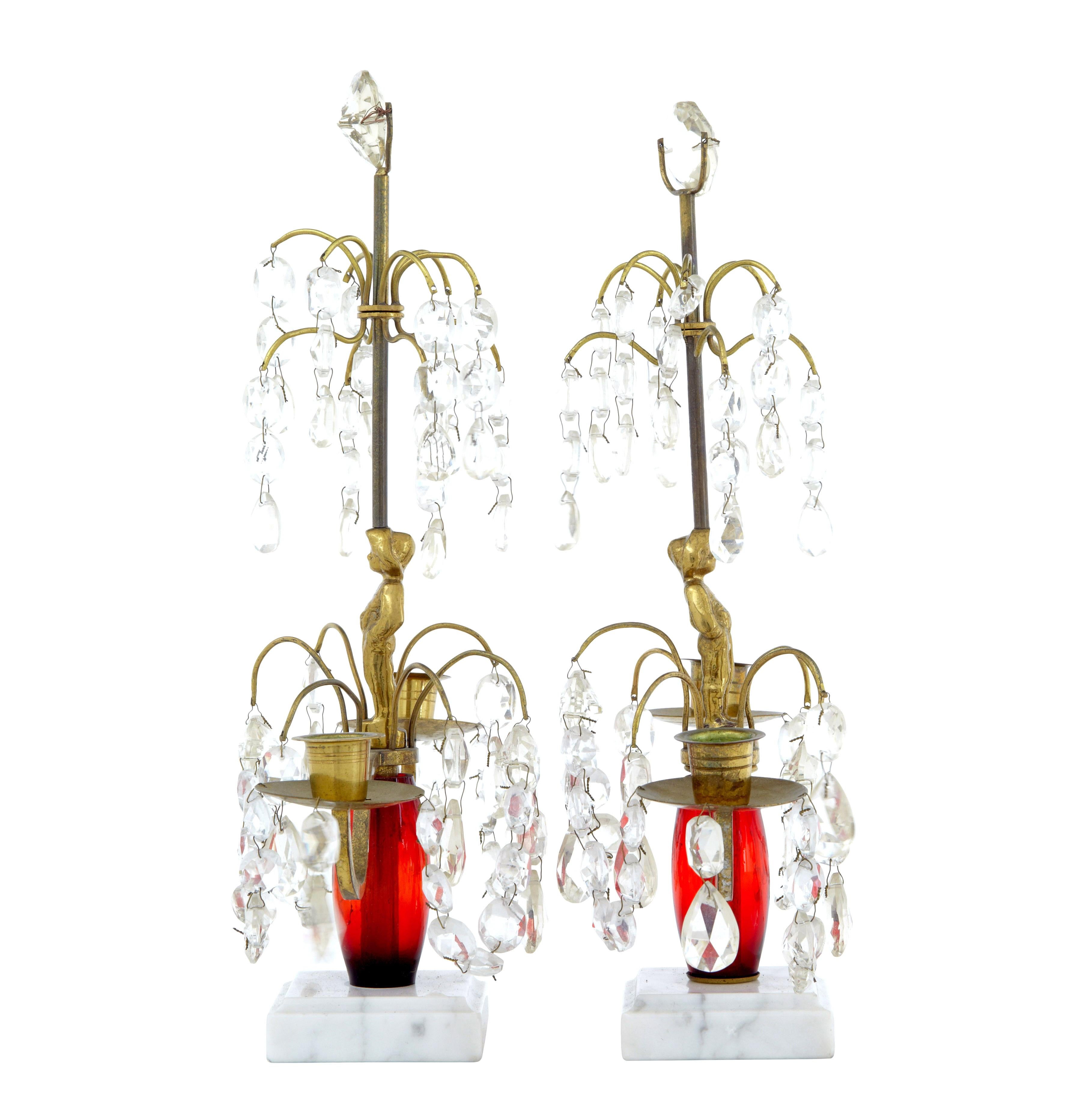 Pair of Mid20th Century Cut Glass and Marble Candelabra For Sale at
