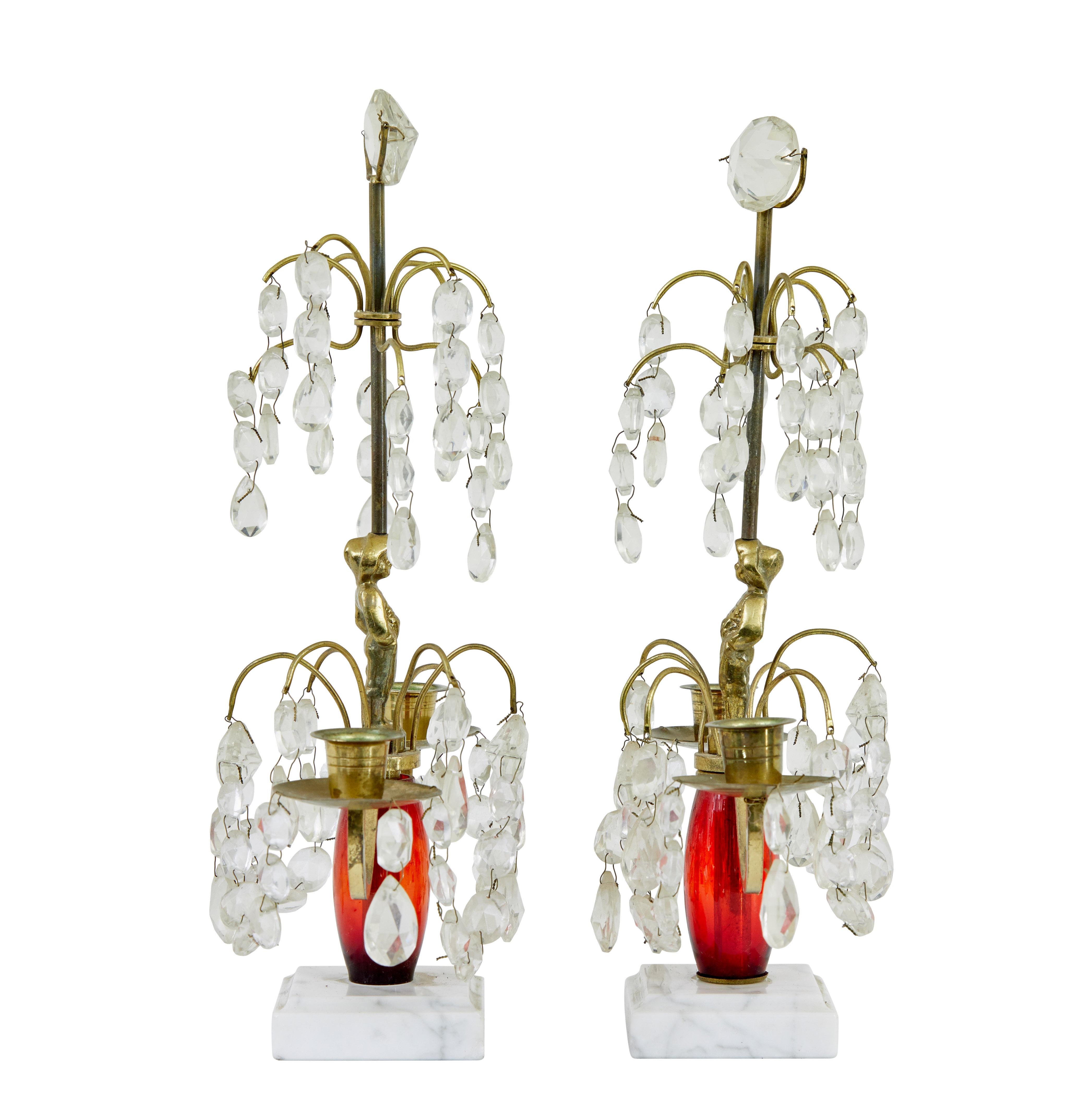 Victorian Pair of mid 20th century cut glass and marble candelabra For Sale
