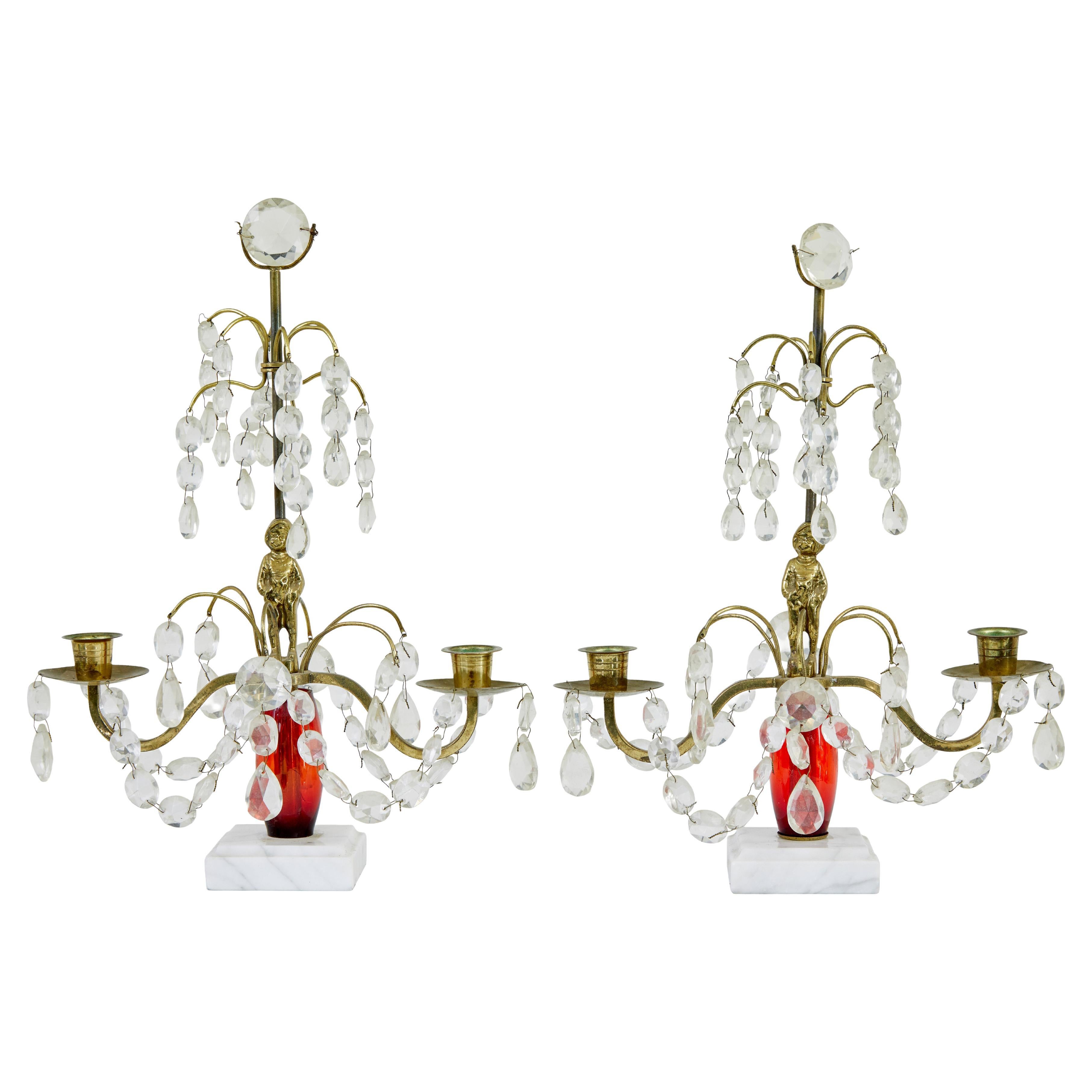 Pair of mid 20th century cut glass and marble candelabra For Sale