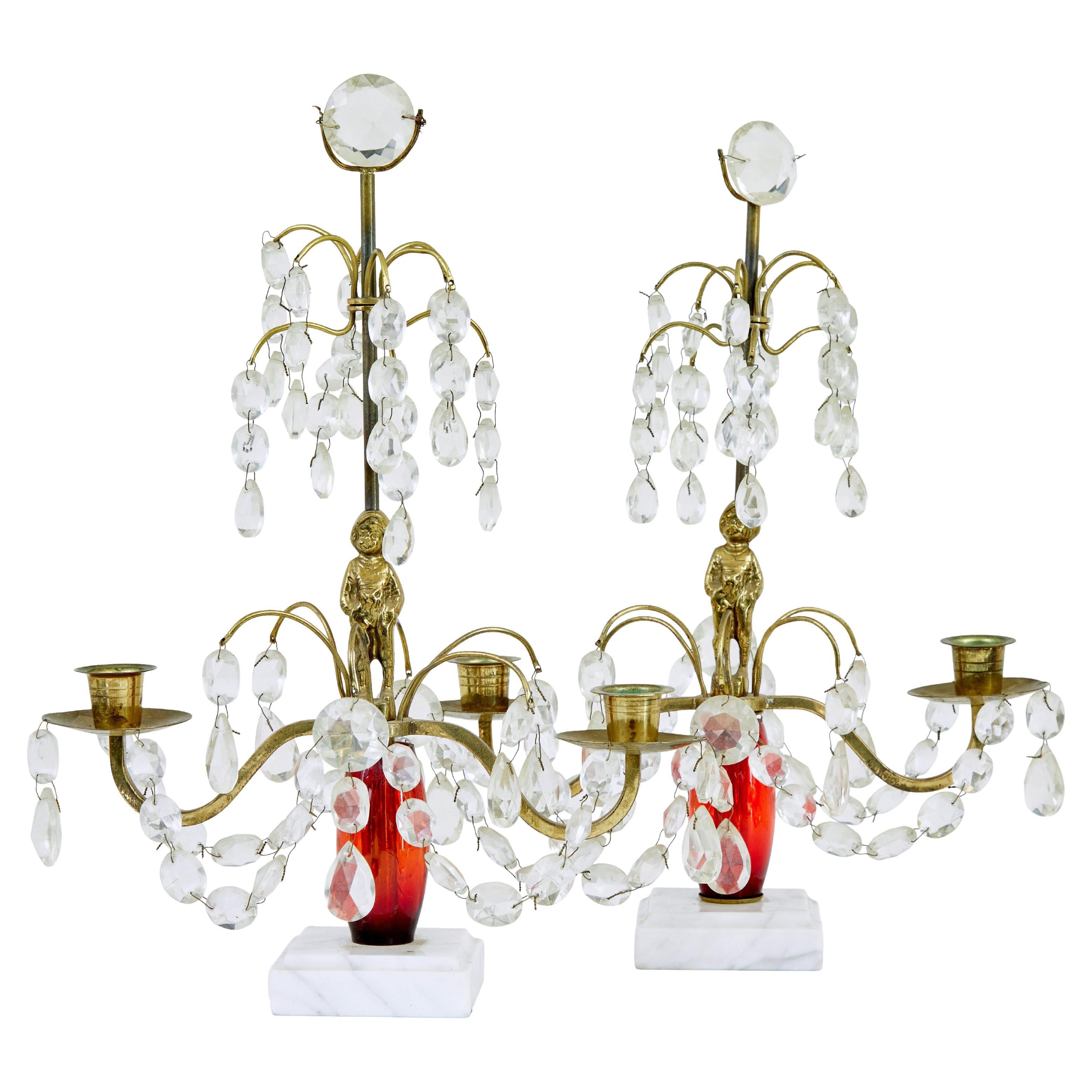 Pair of mid 20th century cut glass and marble candelabra