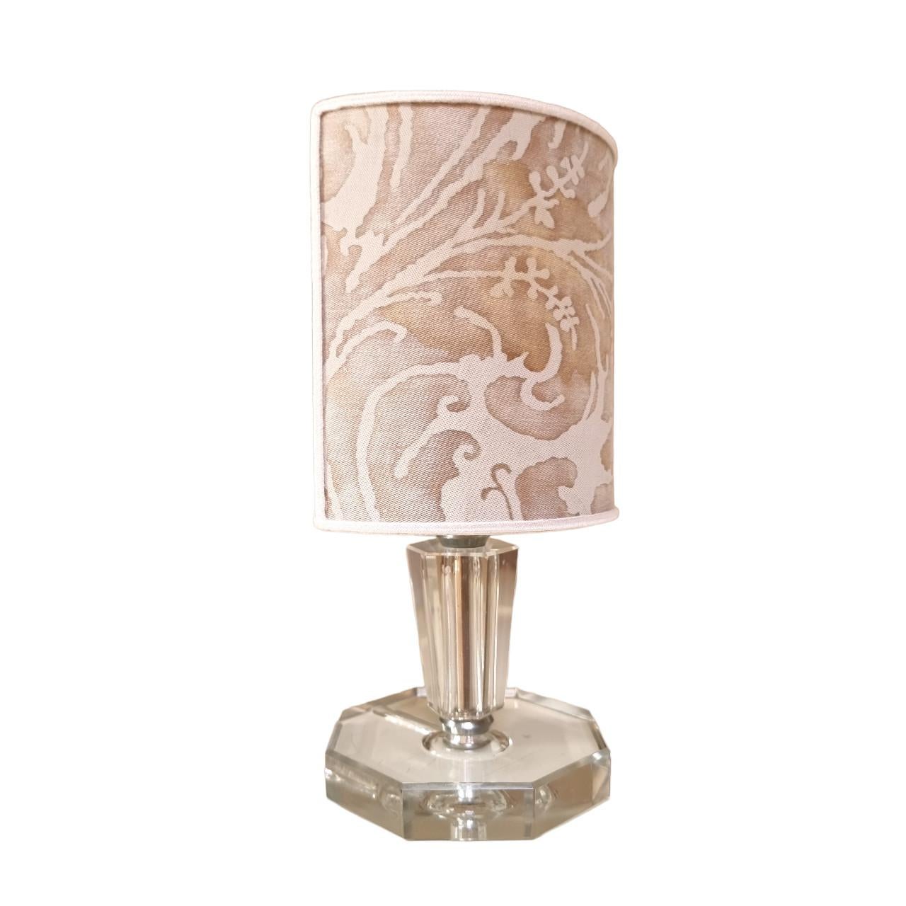 Hand-Crafted Pair of Mid-20th Century Cut Glass Table Lamps with Clip-On Fortuny Lampshades