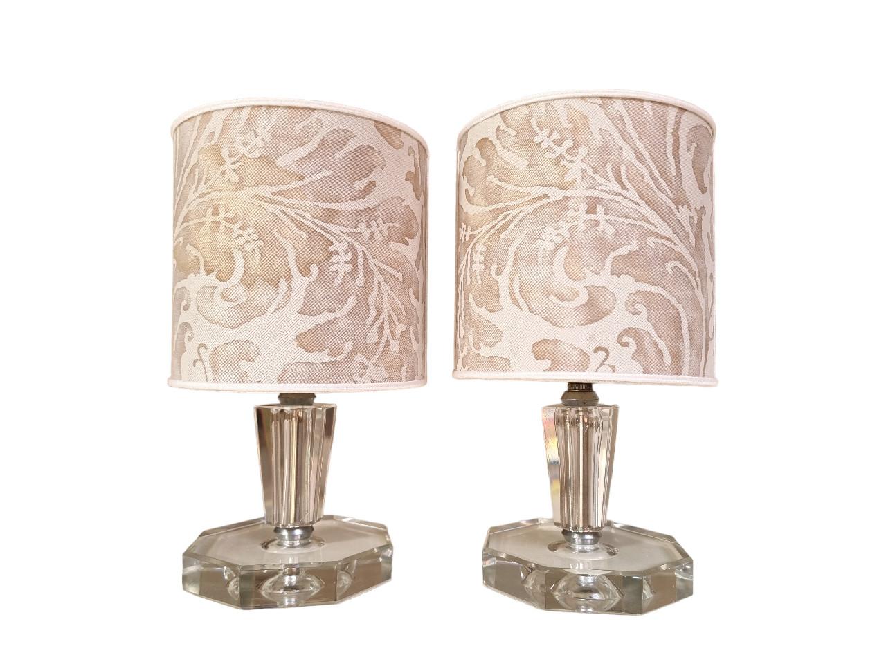 Pair of Mid-20th Century Cut Glass Table Lamps with Clip-On Fortuny Lampshades 2