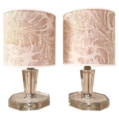 Pair of Mid-20th Century Cut Glass Table Lamps with Clip-On Fortuny Lampshades