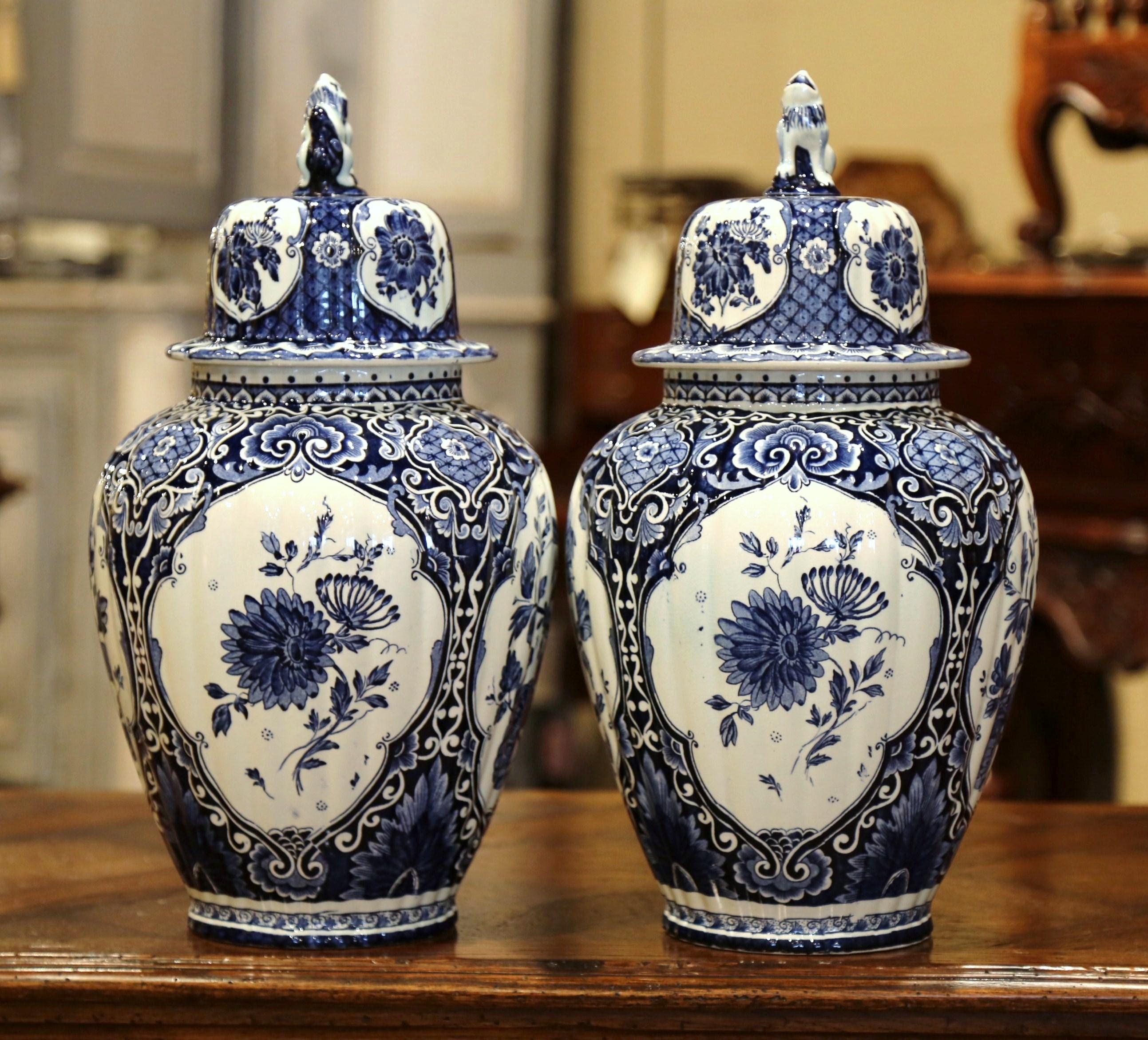 Hand-Crafted Pair of Mid-20th Century Dutch Blue and White Faience Delft Ginger Jars