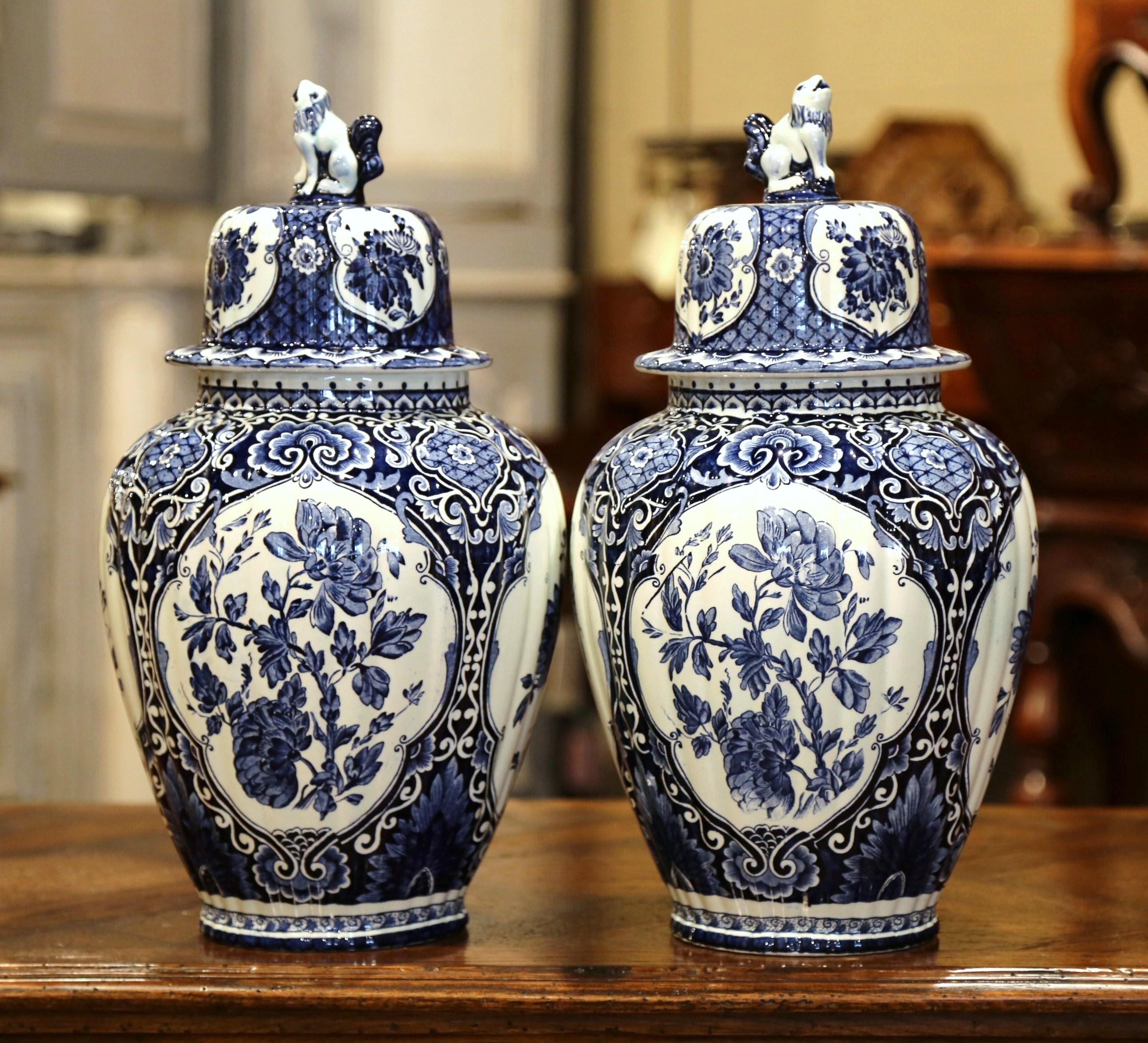 Ceramic Pair of Mid-20th Century Dutch Blue and White Faience Delft Ginger Jars