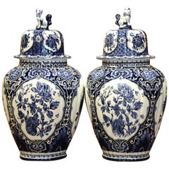 Vintage Pair of Mid-20th Century Dutch Blue and White Faience Delft Ginger Jars