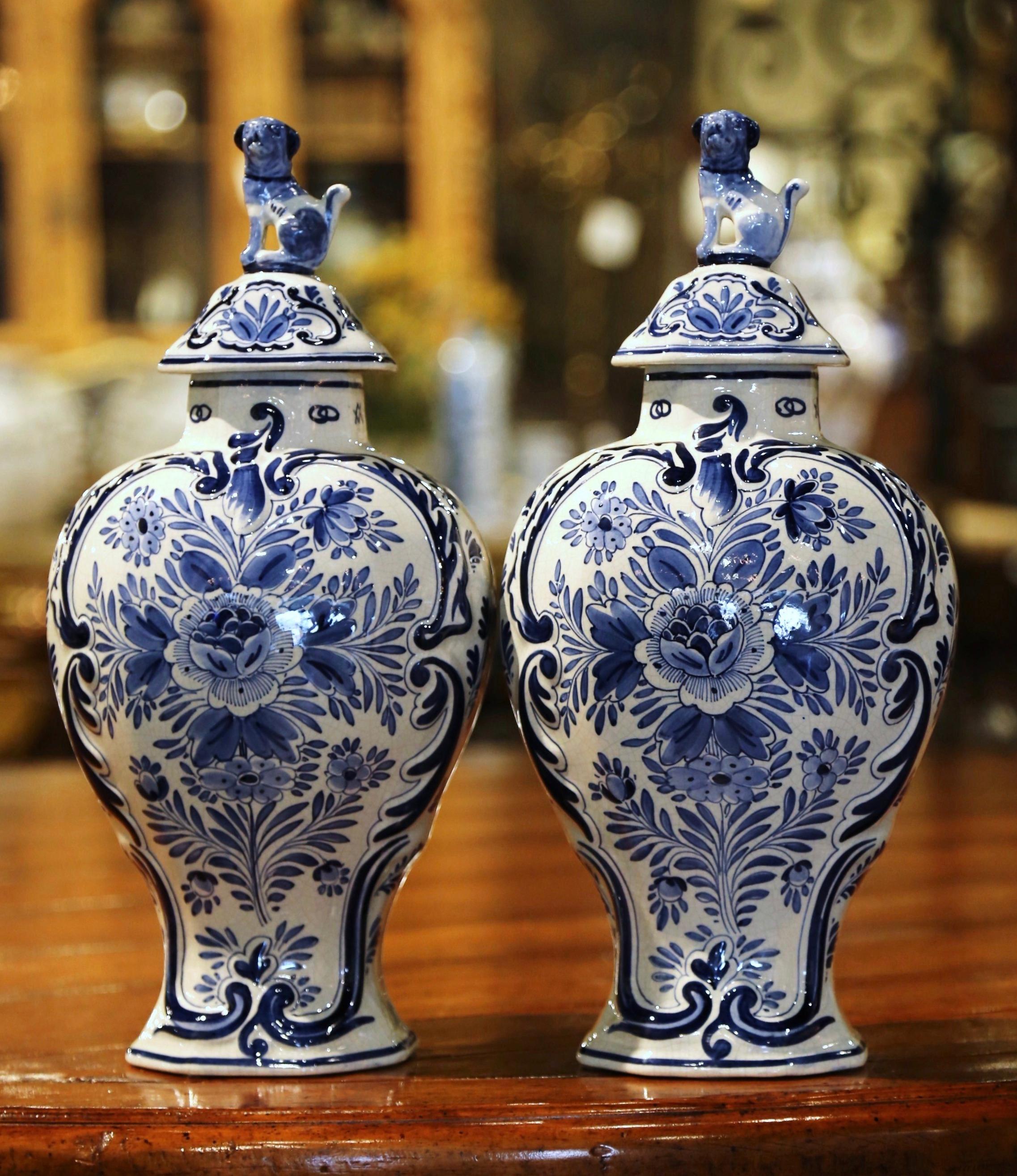 Hand-Crafted Pair of Mid-20th Century Dutch Blue and White Hand-Painted Delft Ginger Jars
