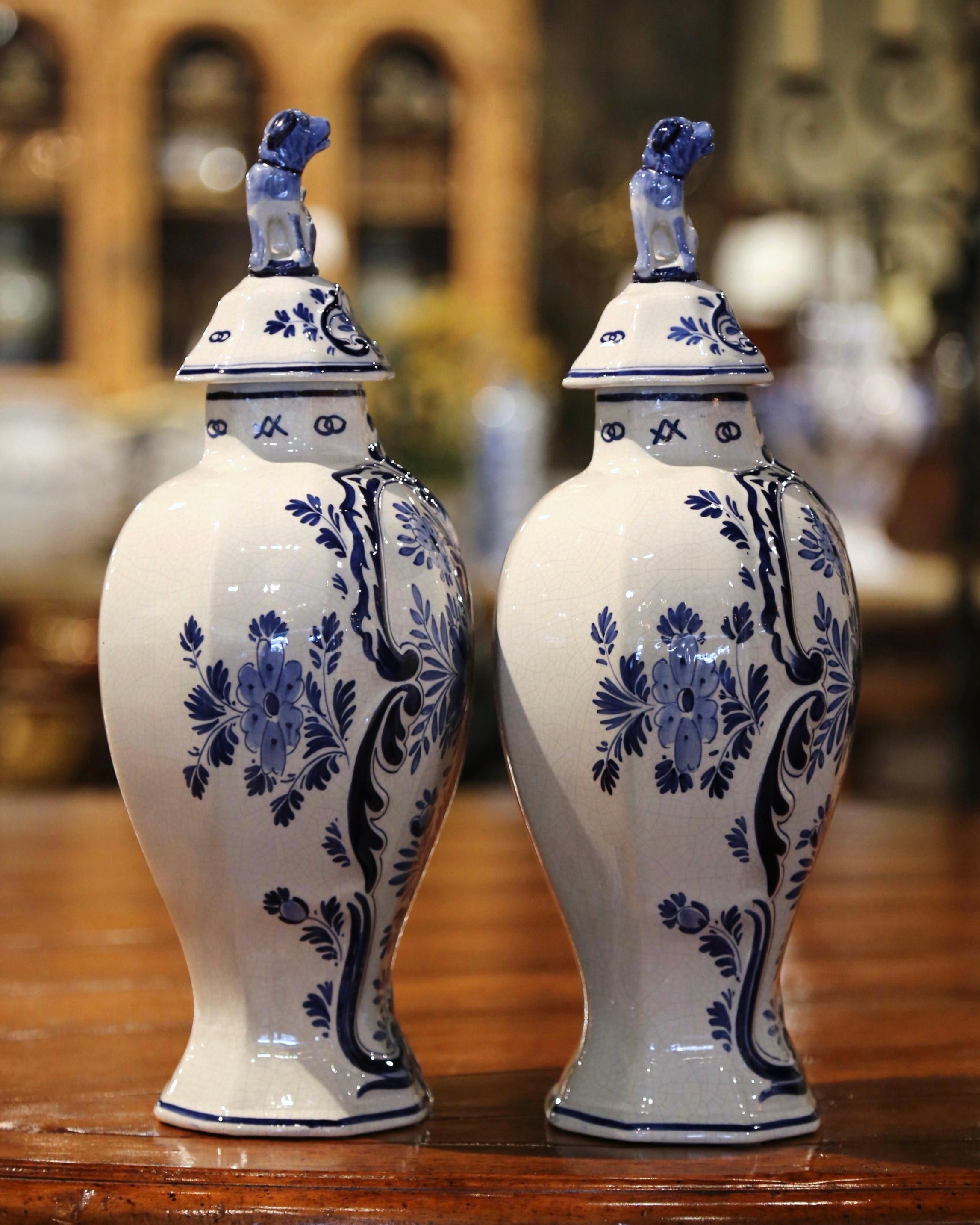 Pair of Mid-20th Century Dutch Blue and White Hand-Painted Delft Ginger Jars 2