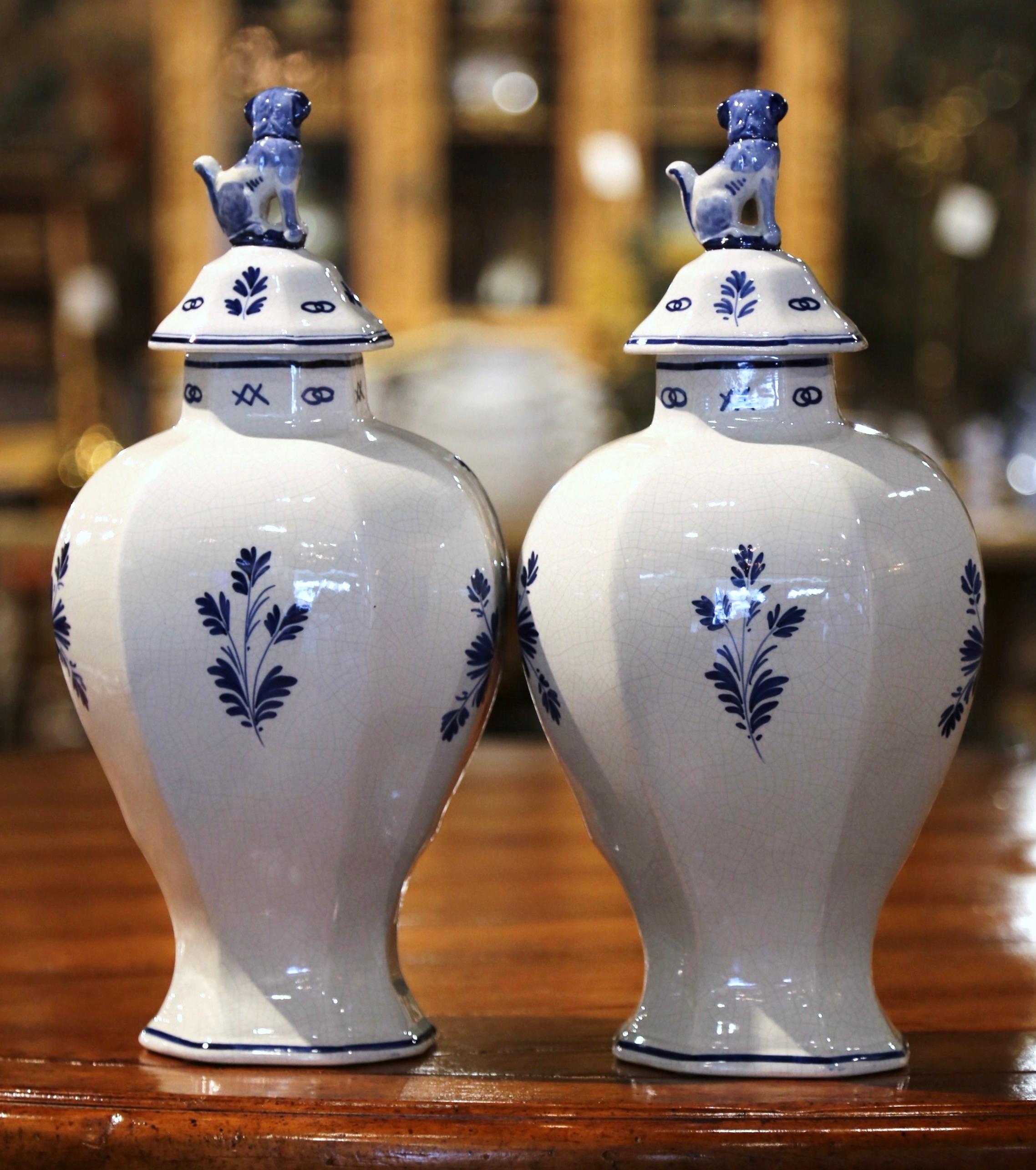 Pair of Mid-20th Century Dutch Blue and White Hand-Painted Delft Ginger Jars 1