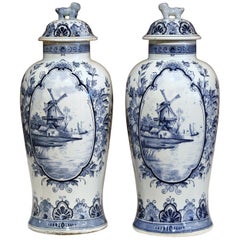 Vintage Pair of Mid-20th Century Dutch Blue and White Hand-Painted Delft Ginger Jars