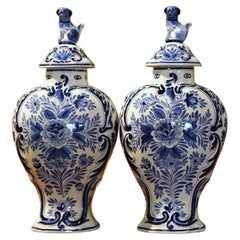 Pair of Mid-20th Century Dutch Blue and White Hand-Painted Delft Ginger Jars