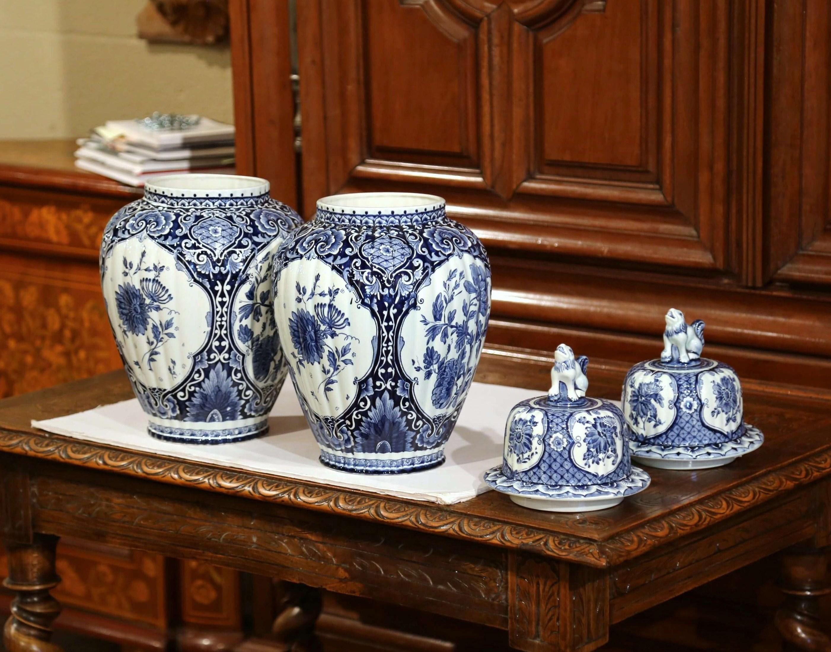 Hand-Crafted Pair of Mid-20th Century Dutch Blue and White Royal Maastricht Delft Ginger Jars