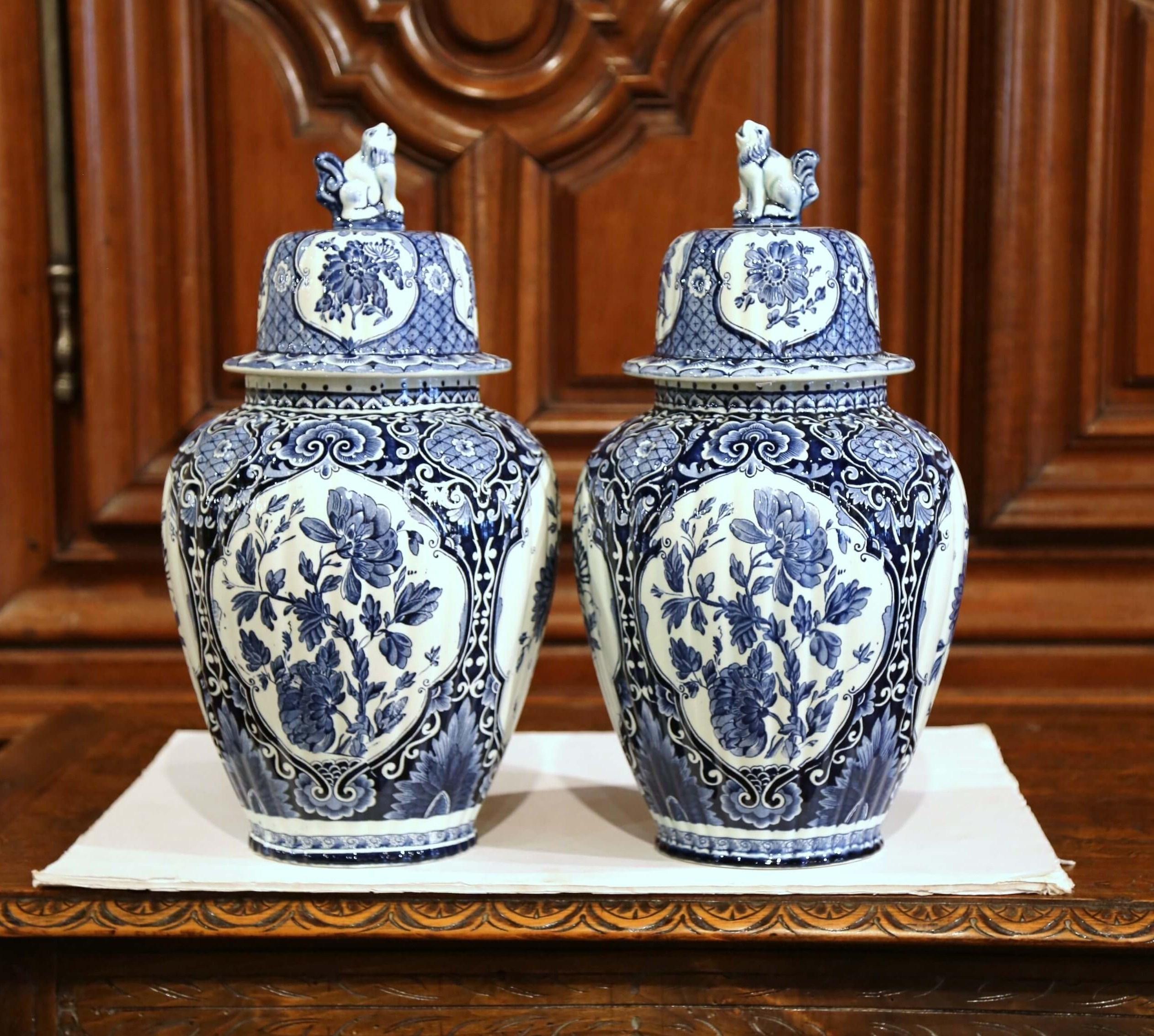 Ceramic Pair of Mid-20th Century Dutch Blue and White Royal Maastricht Delft Ginger Jars