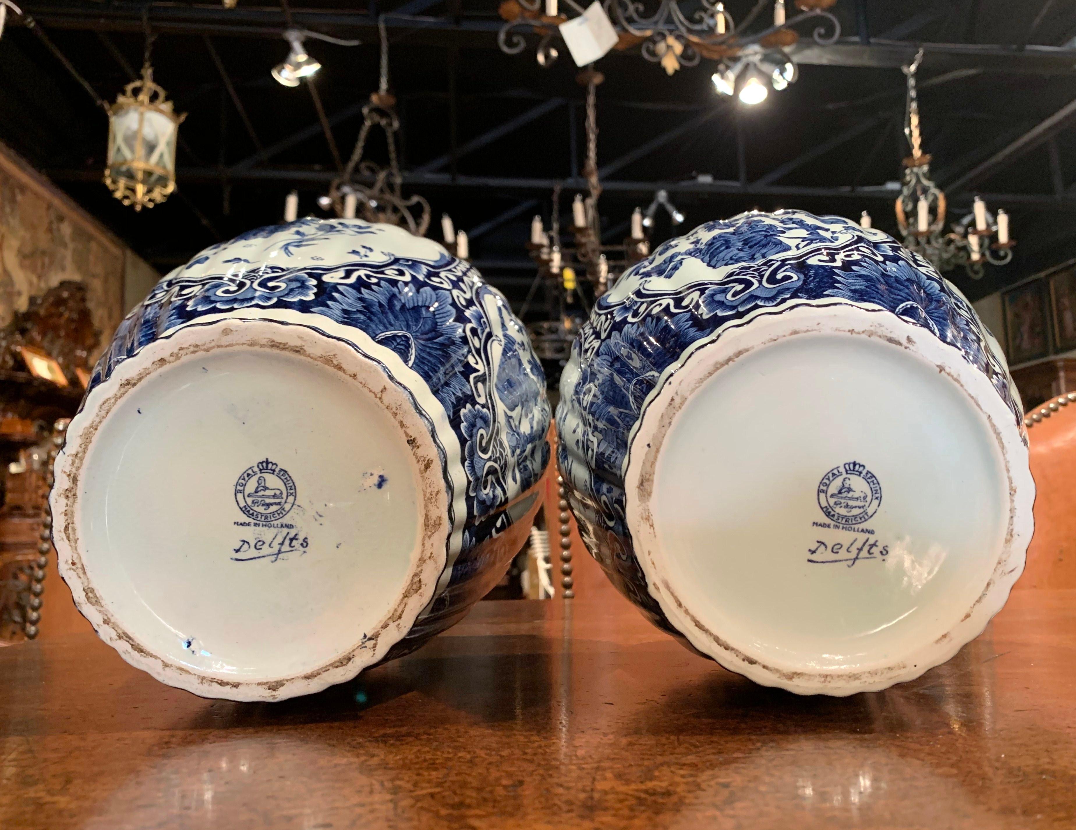 Pair of Mid-20th Century Dutch Blue and White Royal Maastricht Delft Ginger Jars 1