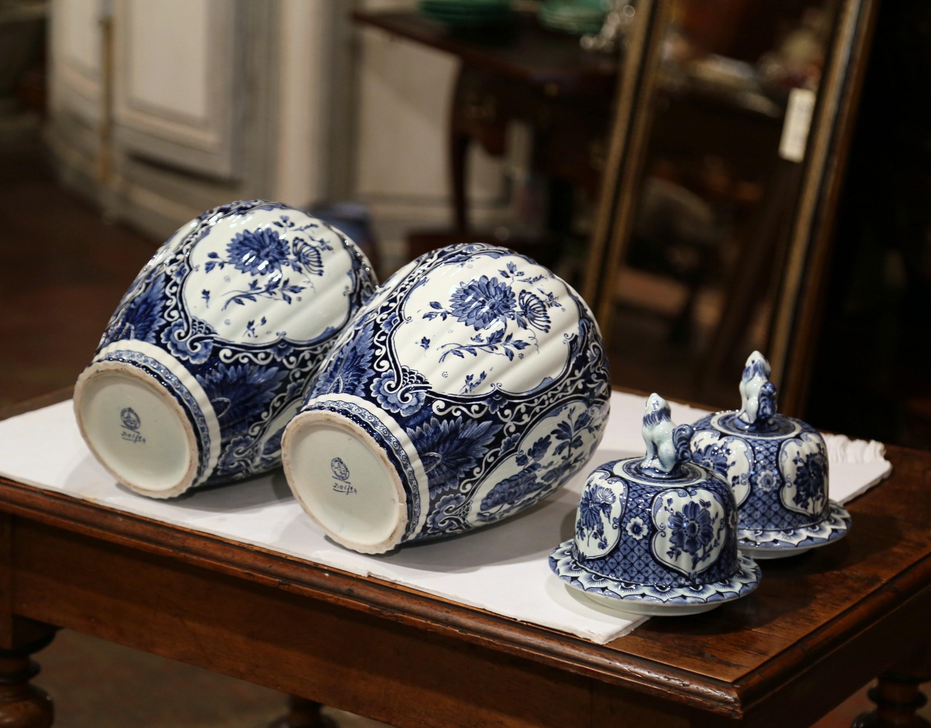 Pair of Mid-20th Century Dutch Blue and White Royal Maastricht Delft Ginger Jars 4