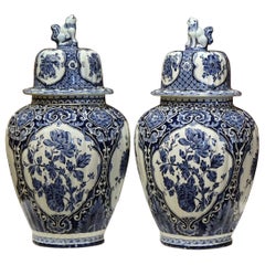 Vintage Pair of Mid-20th Century Dutch Blue and White Royal Maastricht Delft Ginger Jars