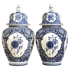 Vintage Pair of Mid-20th Century Dutch Blue and White Royal Maastricht Delft Ginger Jars