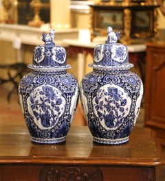 Pair of Mid-20th Century Dutch Painted Blue and White Faience Delft Ginger Jars
