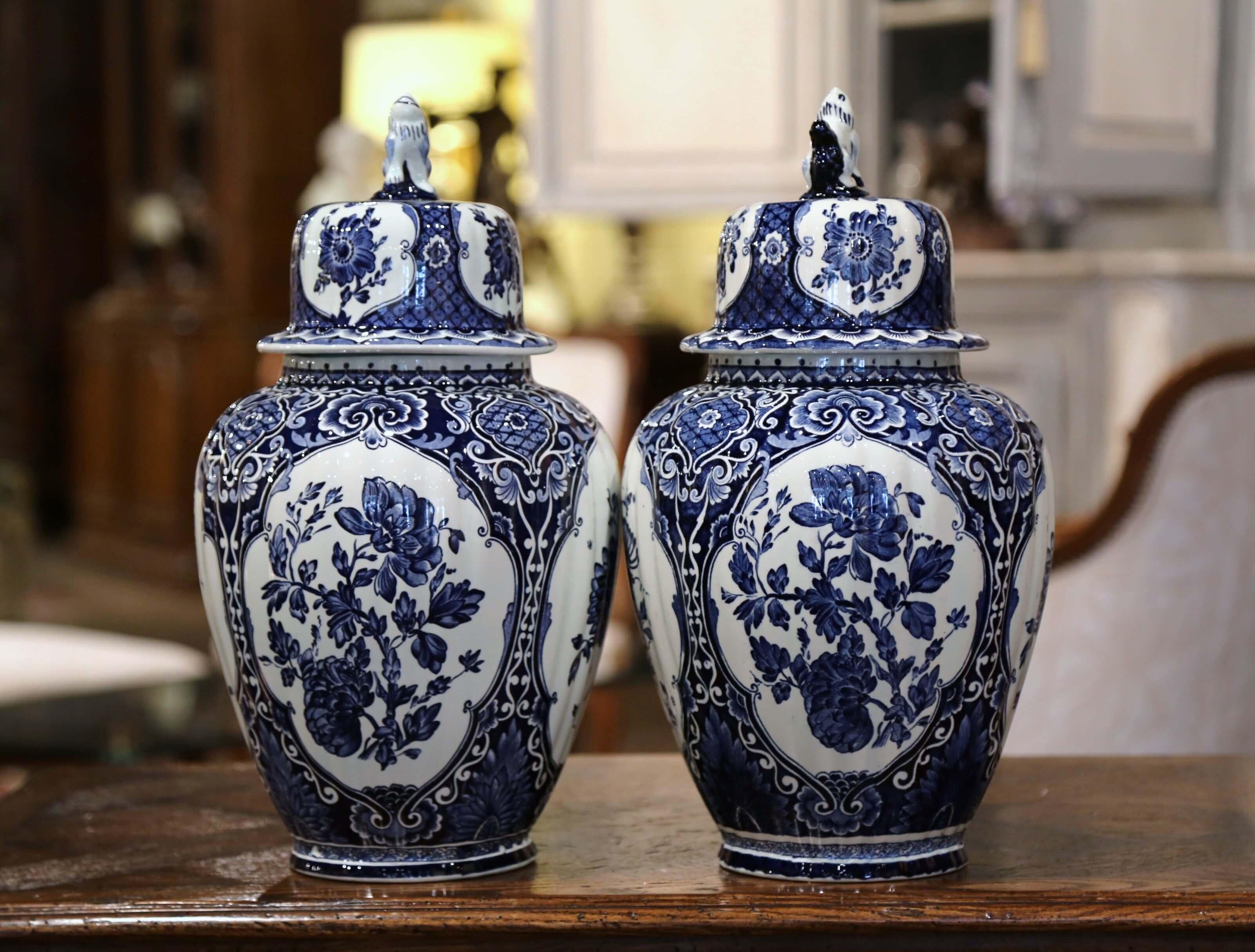 Ceramic Pair of Mid-20th Century Dutch Painted Blue and White Faience Delft Ginger Jars