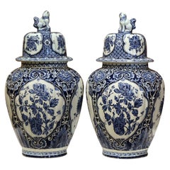 Pair of Mid-20th Century Dutch Painted Blue and White Faience Delft Ginger Jars