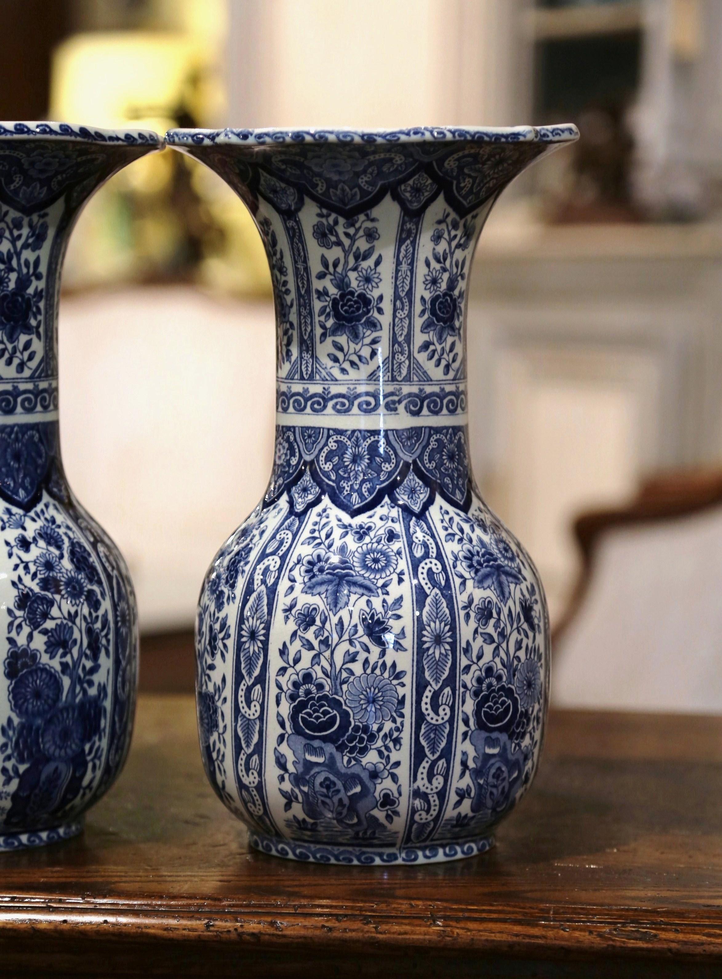 Hand-Crafted Pair of Mid-20th Century Dutch Royal Blue and White Painted Faience Delft Vases