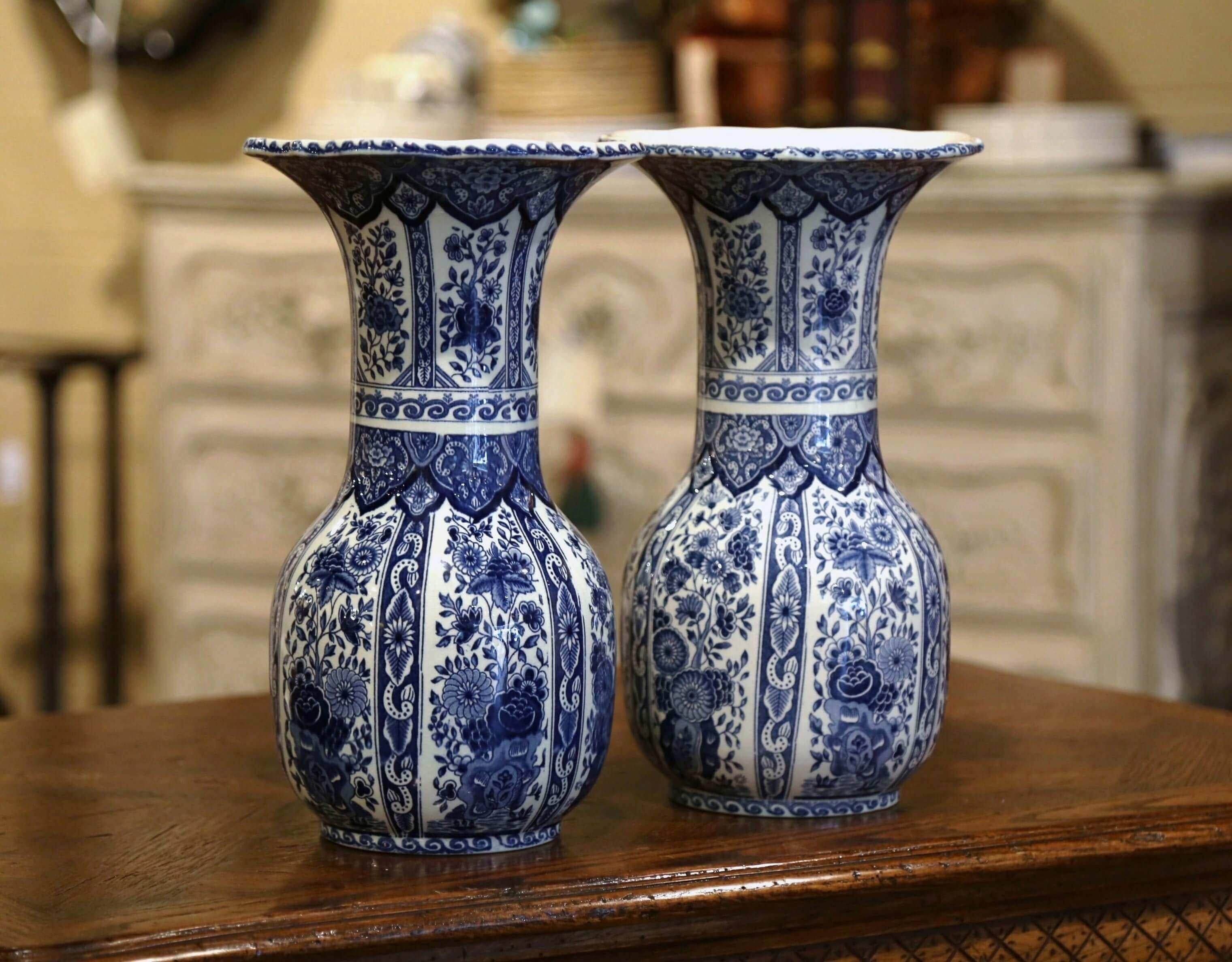 Ceramic Pair of Mid-20th Century Dutch Royal Blue and White Painted Faience Delft Vases